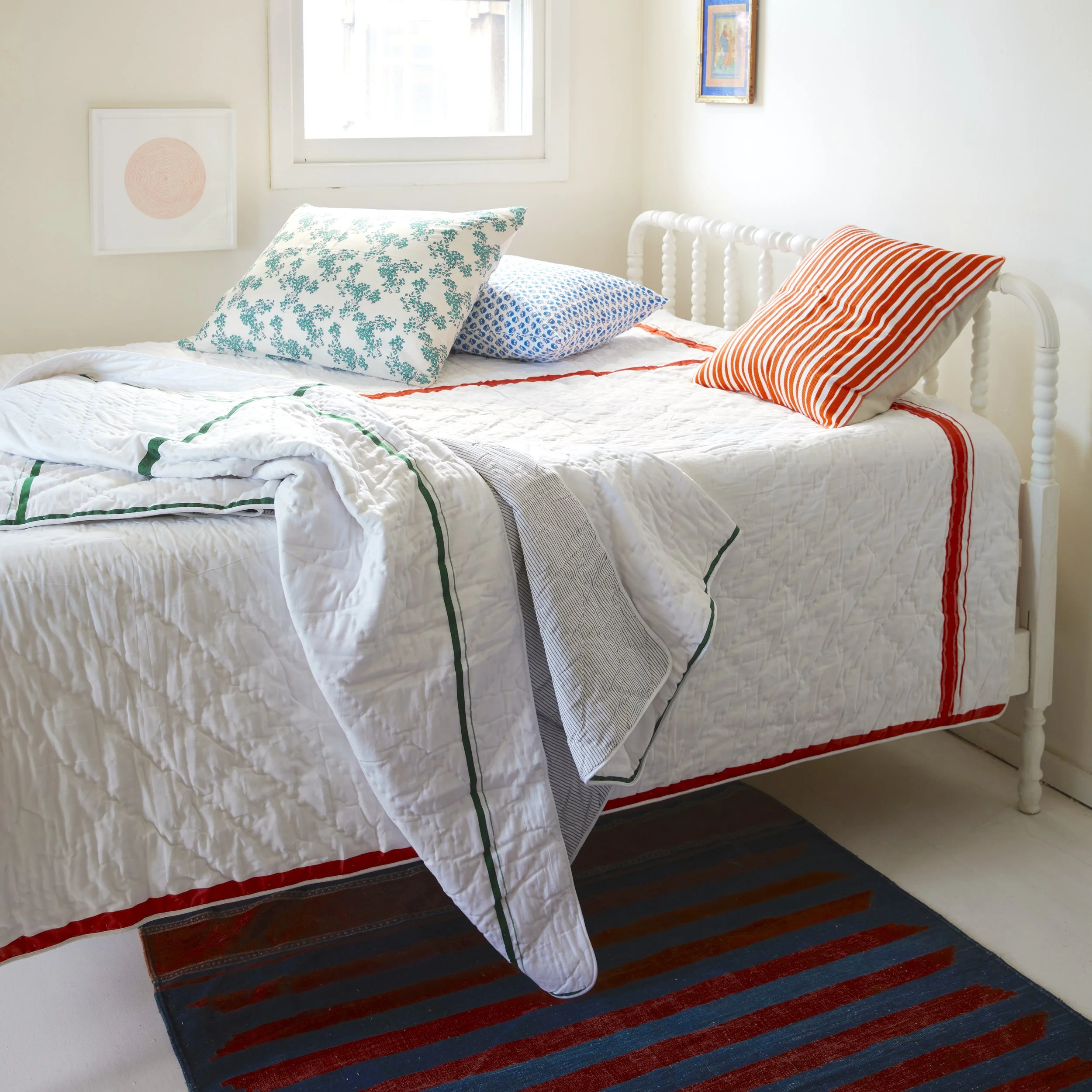 Orange or Green Border Dhoti Quilt & Assorted Pillows