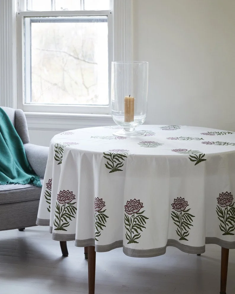 Tablecloth white red floral with grey border