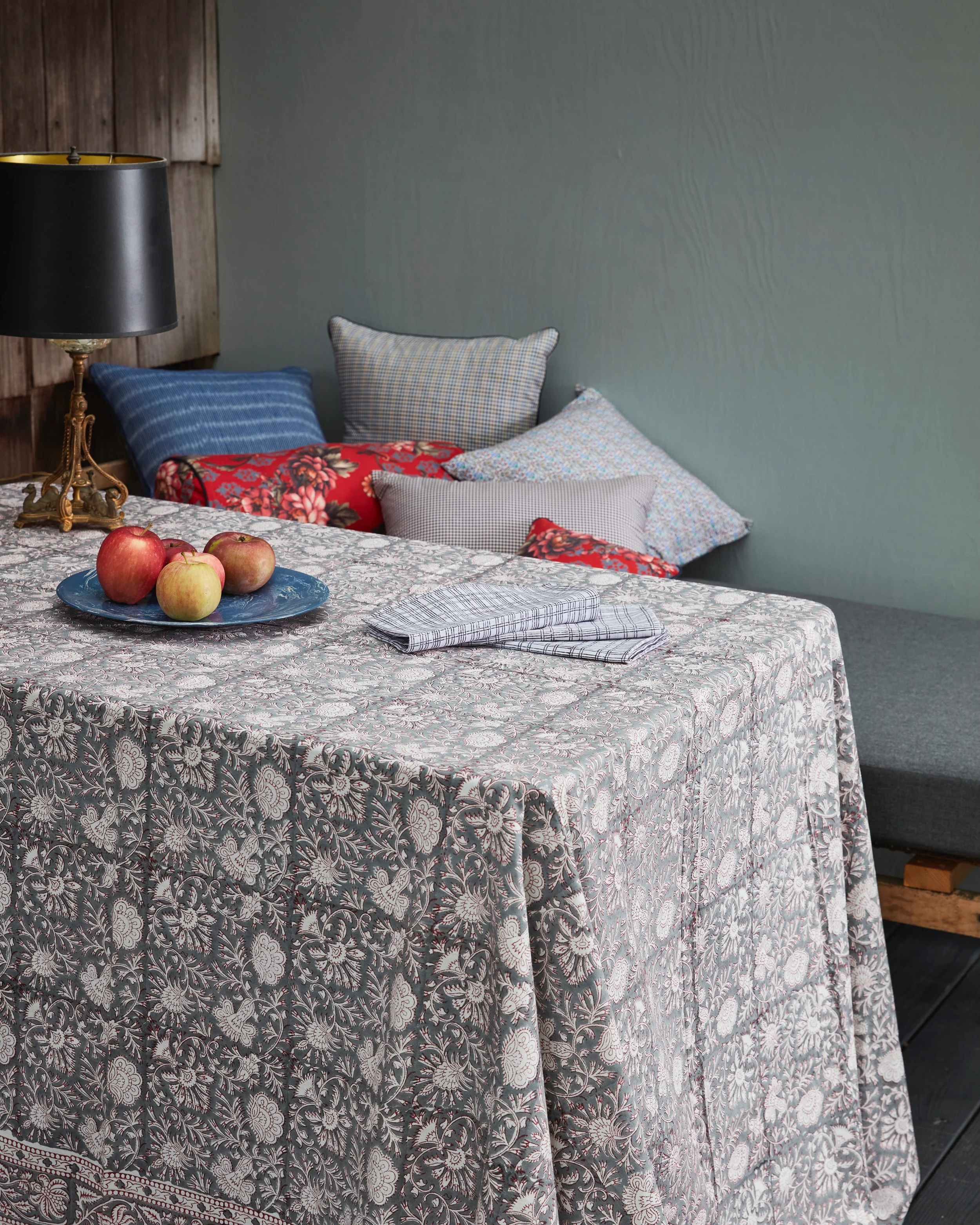 Tablecloth rectangle grey red floral blockprint