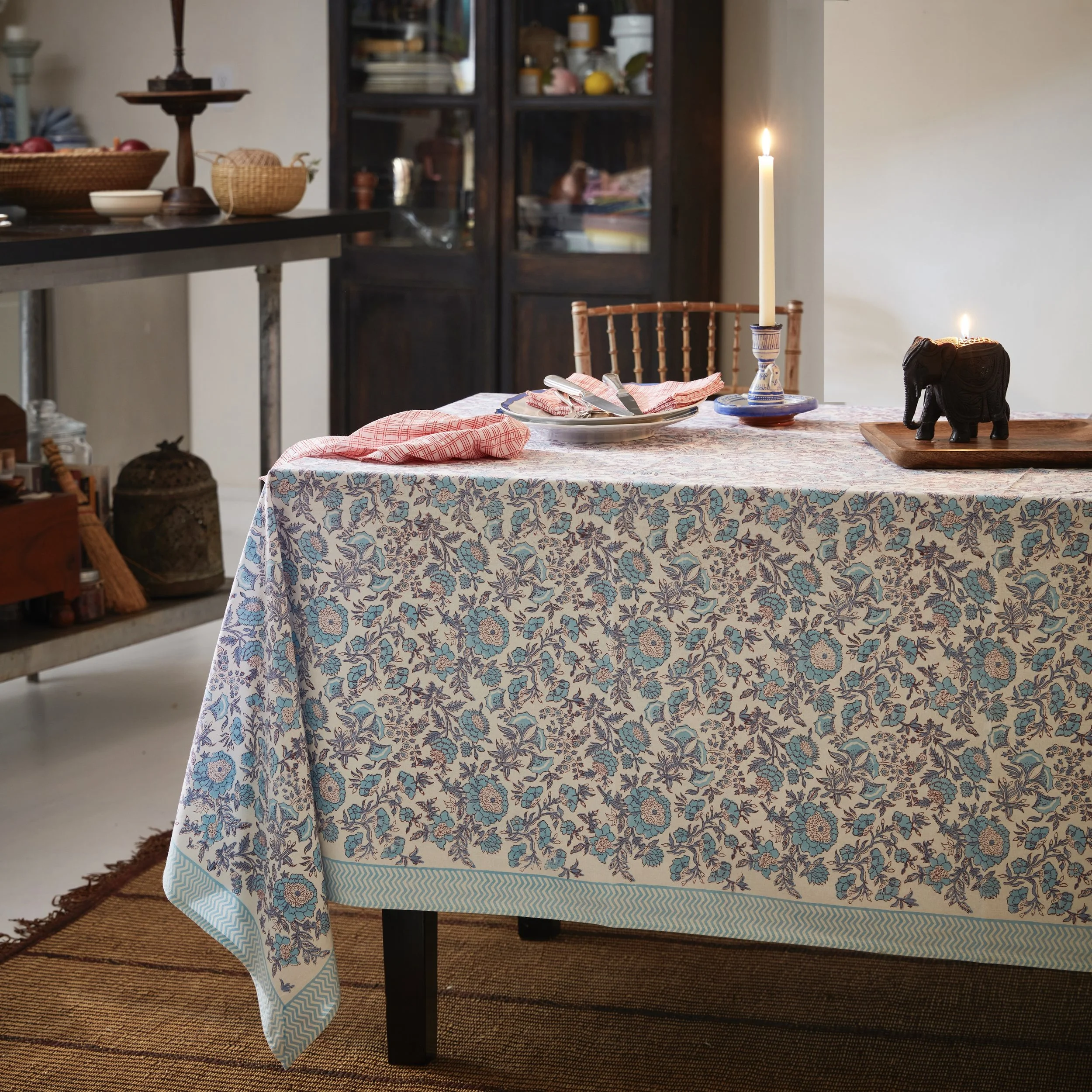 Tablecloth aqua blue red white floral