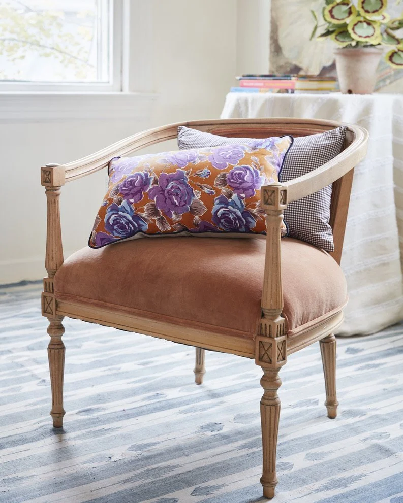 Vintage Russian Roller Print Floral Pillow, Orange & Lilac