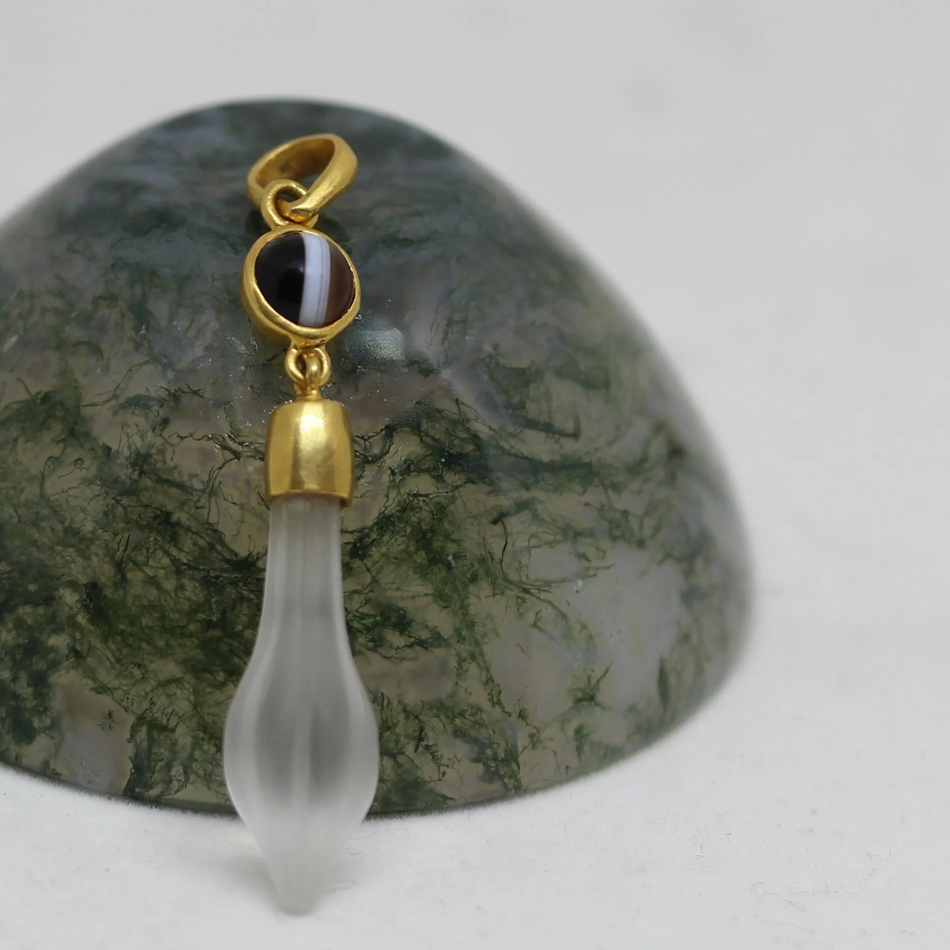 Antique Carved Crystal Drop & Banded Agate Pendant