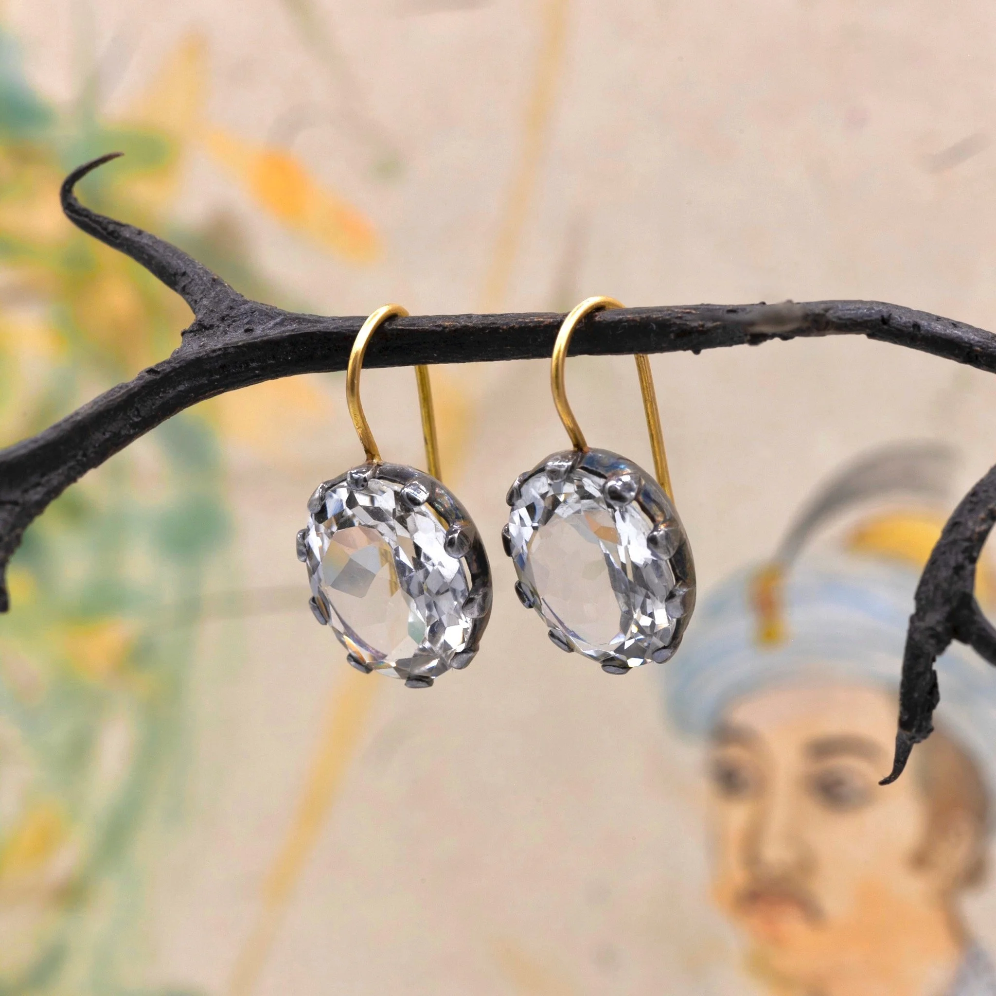 Large Oval Pale Grey Topaz set in Oxidized Silver with 18k Hook Earring