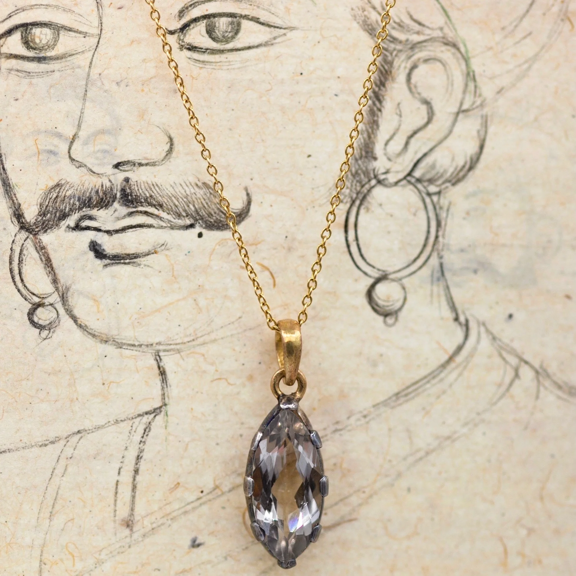 Marquis Pale Grey Topaz set in Oxidized Sterling Silver with 18k Gold Pendant