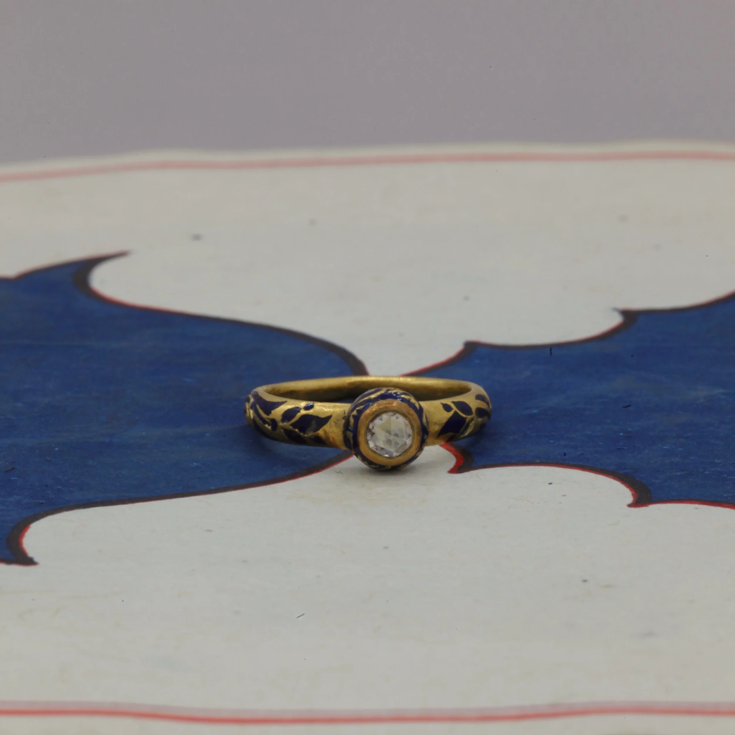 Indian Traditional Rose Cut Diamond & Navy Blue Enamel Ring