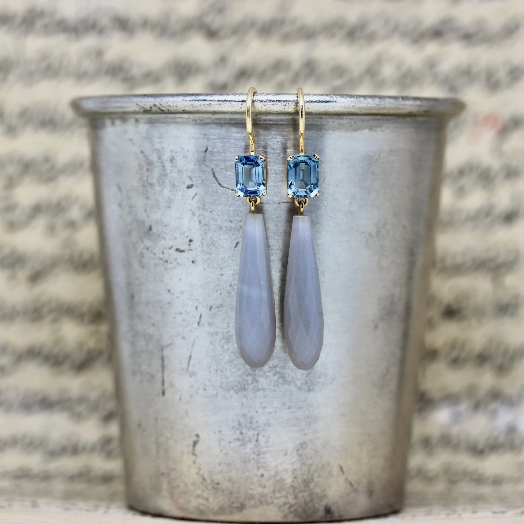 18k Grey Moonstone & Blue Topaz Drop Earrings