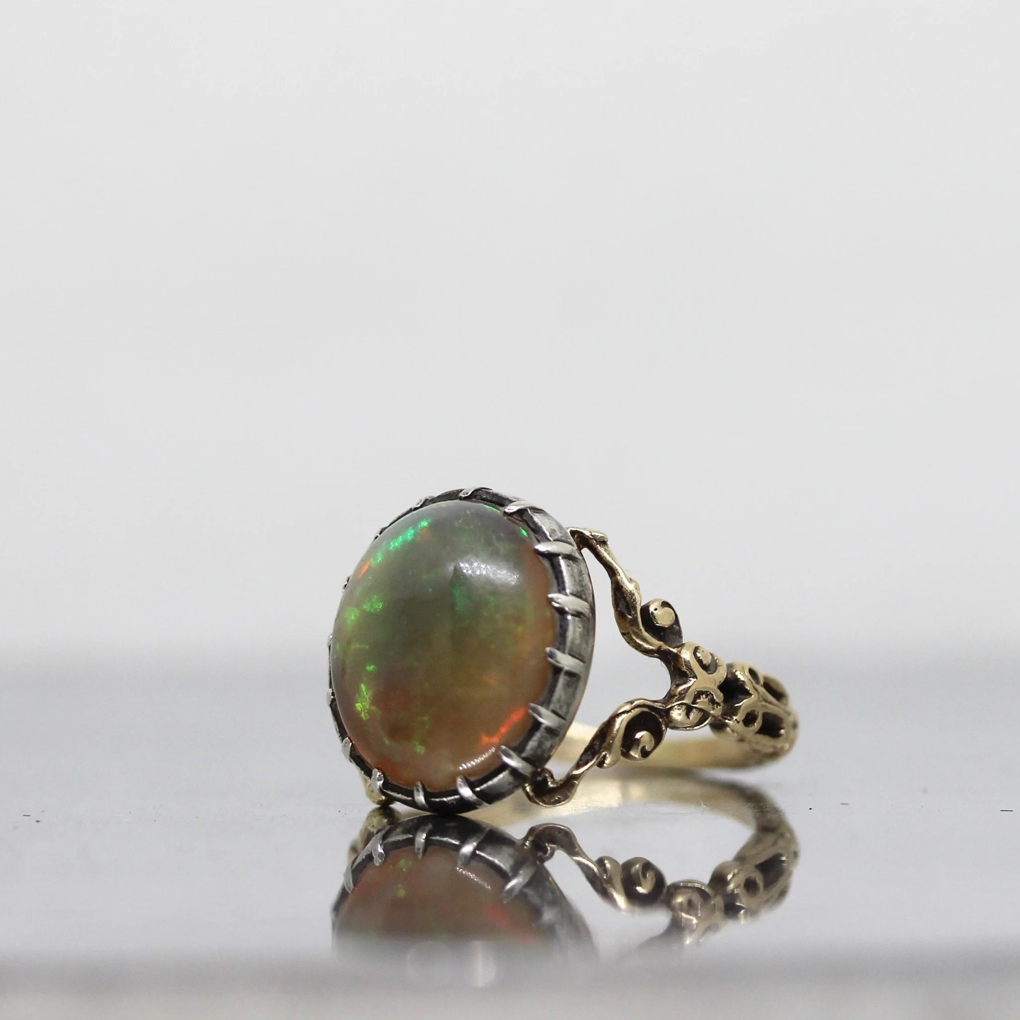 Magical Large Opal Ring in Georgian Style Silver Set with 18k Gold Carved Band