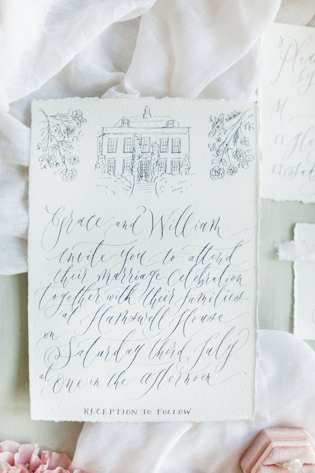 Elegant wedding invites with illustration and calligraphy