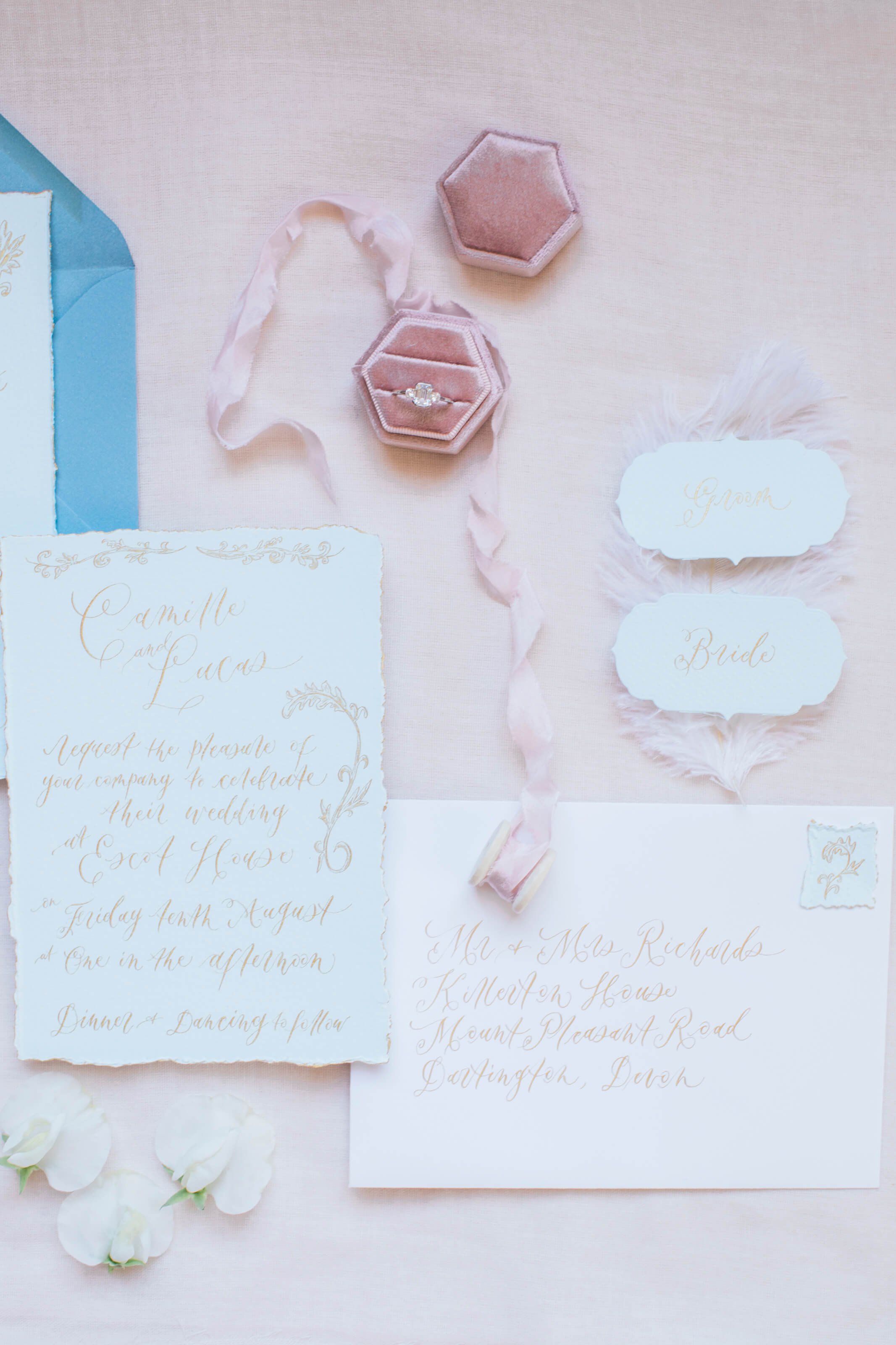 Calligraphy invitation set with RSVP and envelopes