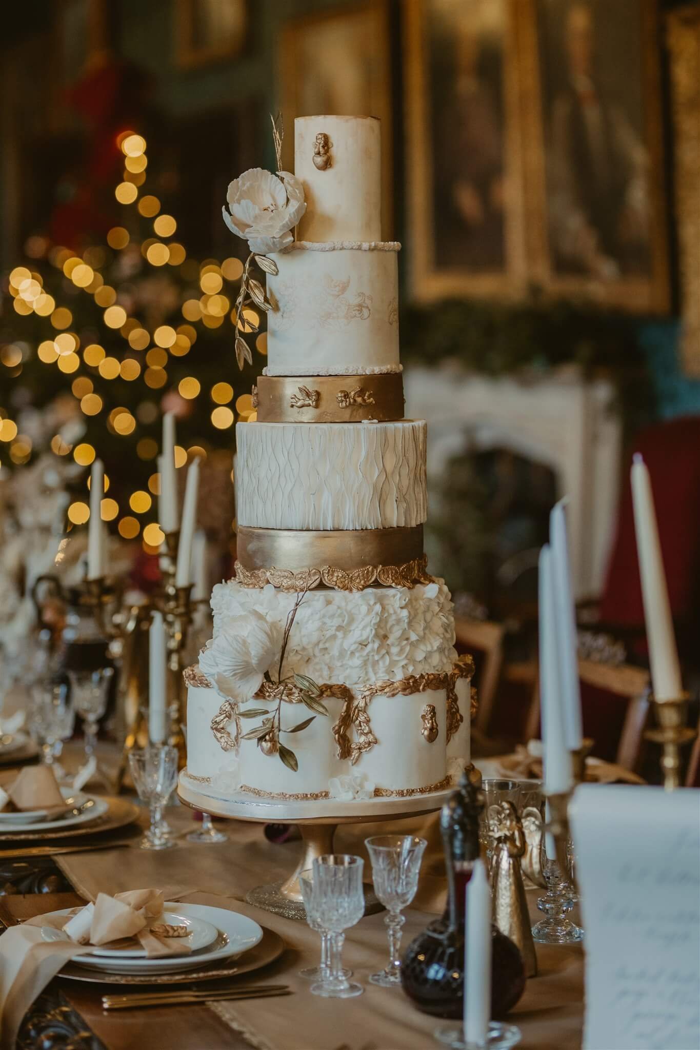 White and gold wedding cake