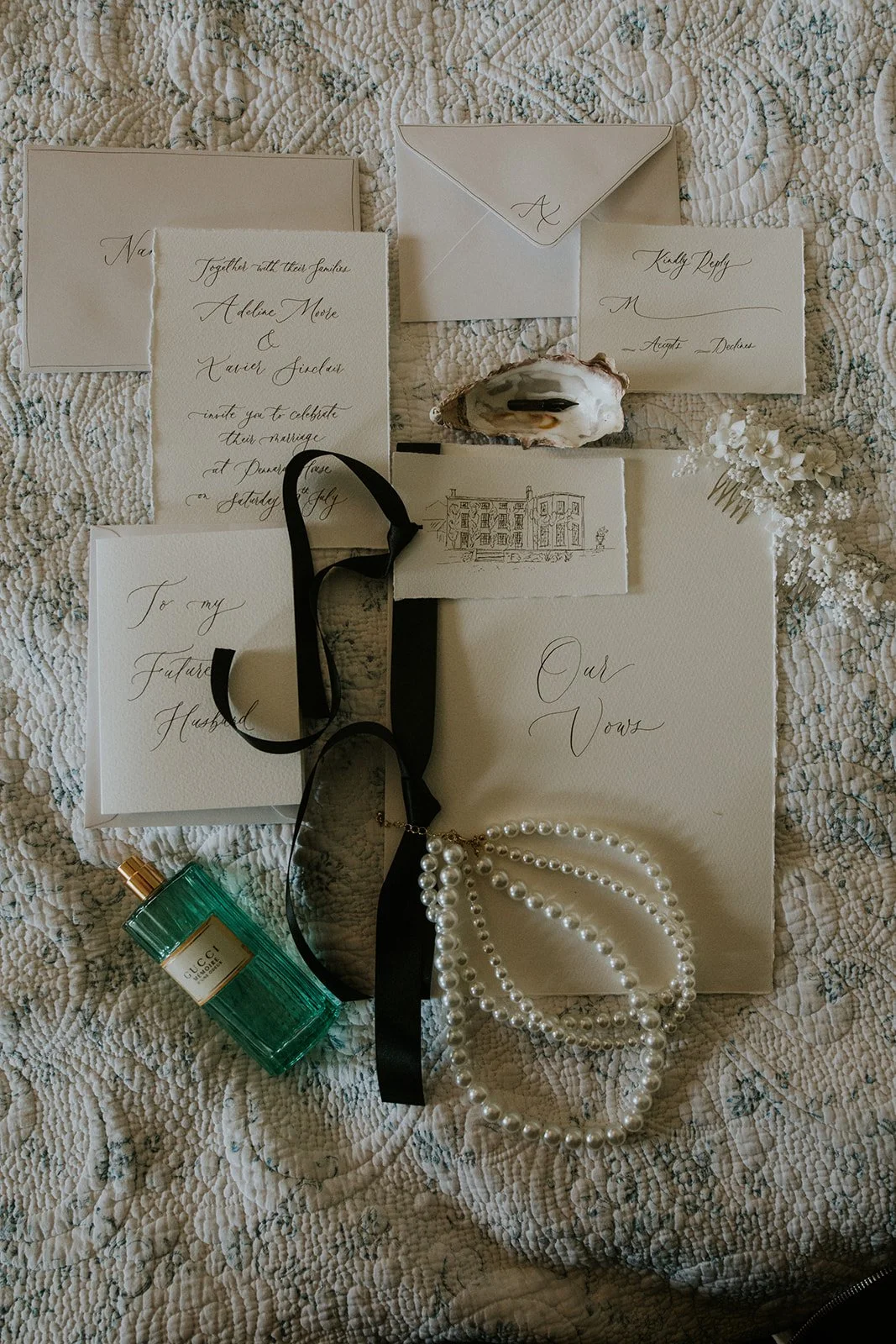 Elegant black and white wedding invitation suite with calligraphy