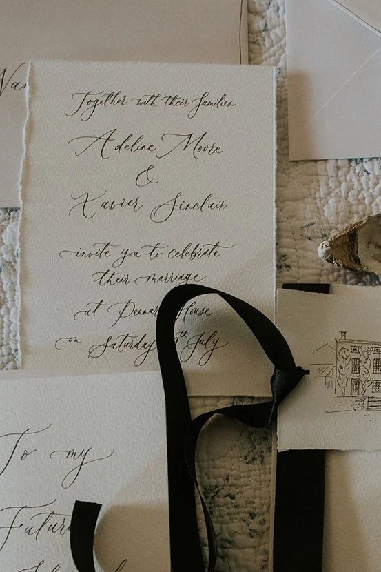 Luxury black and white wedding invitation suite with classic typography and modern calligraphy