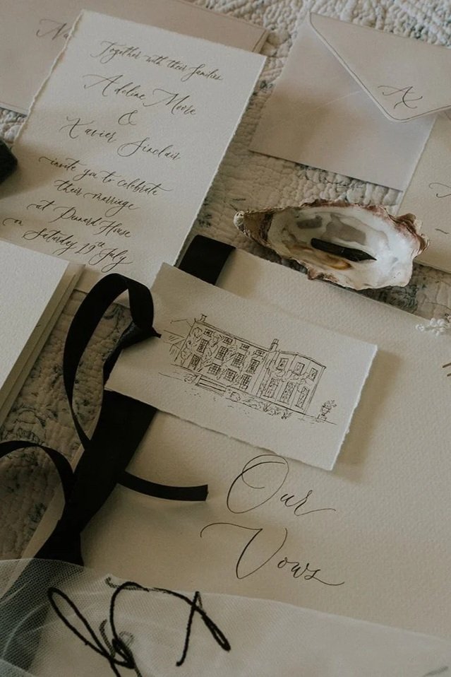 Heirloom wedding stationery featuring illustrated country house venue