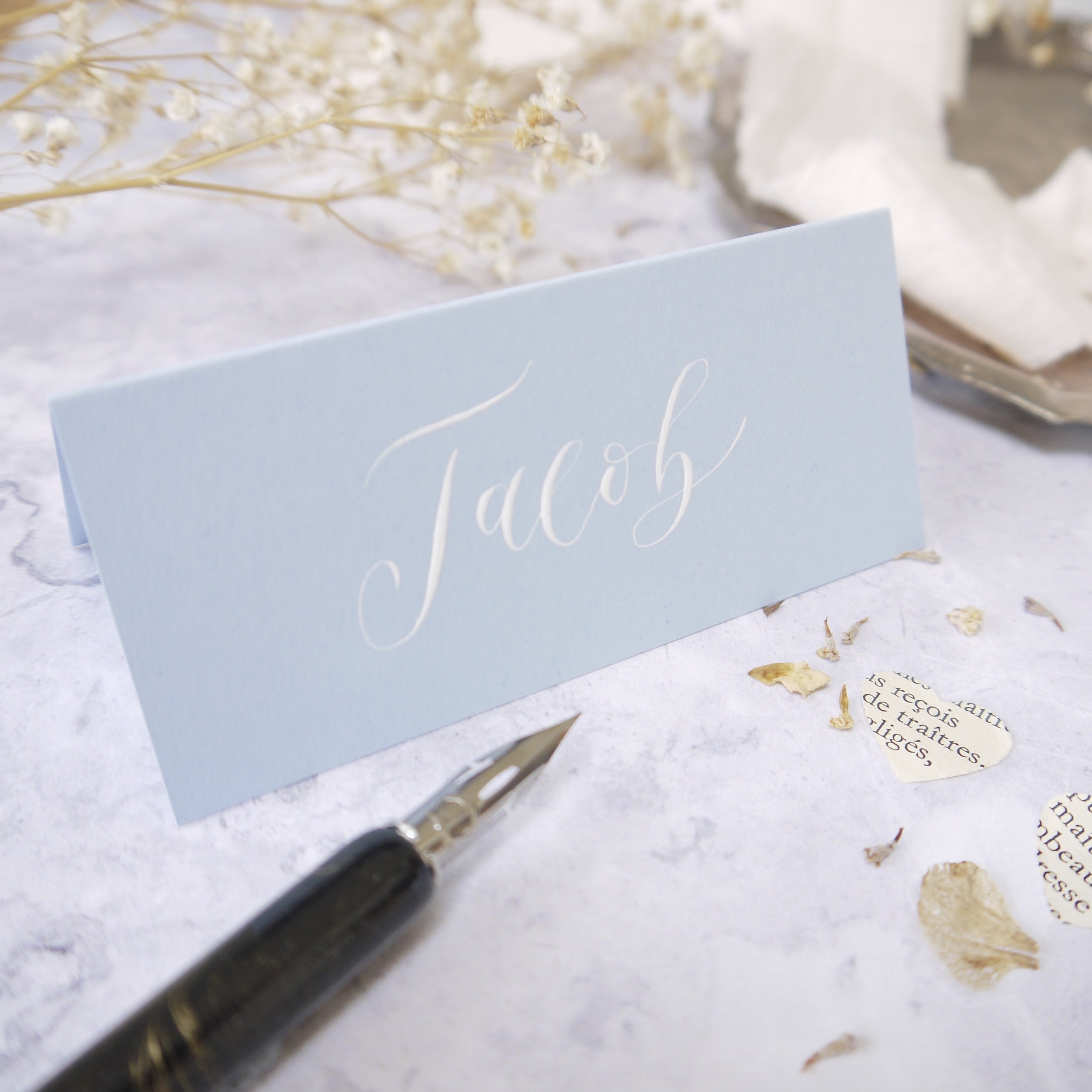Light blue tent fold name cards