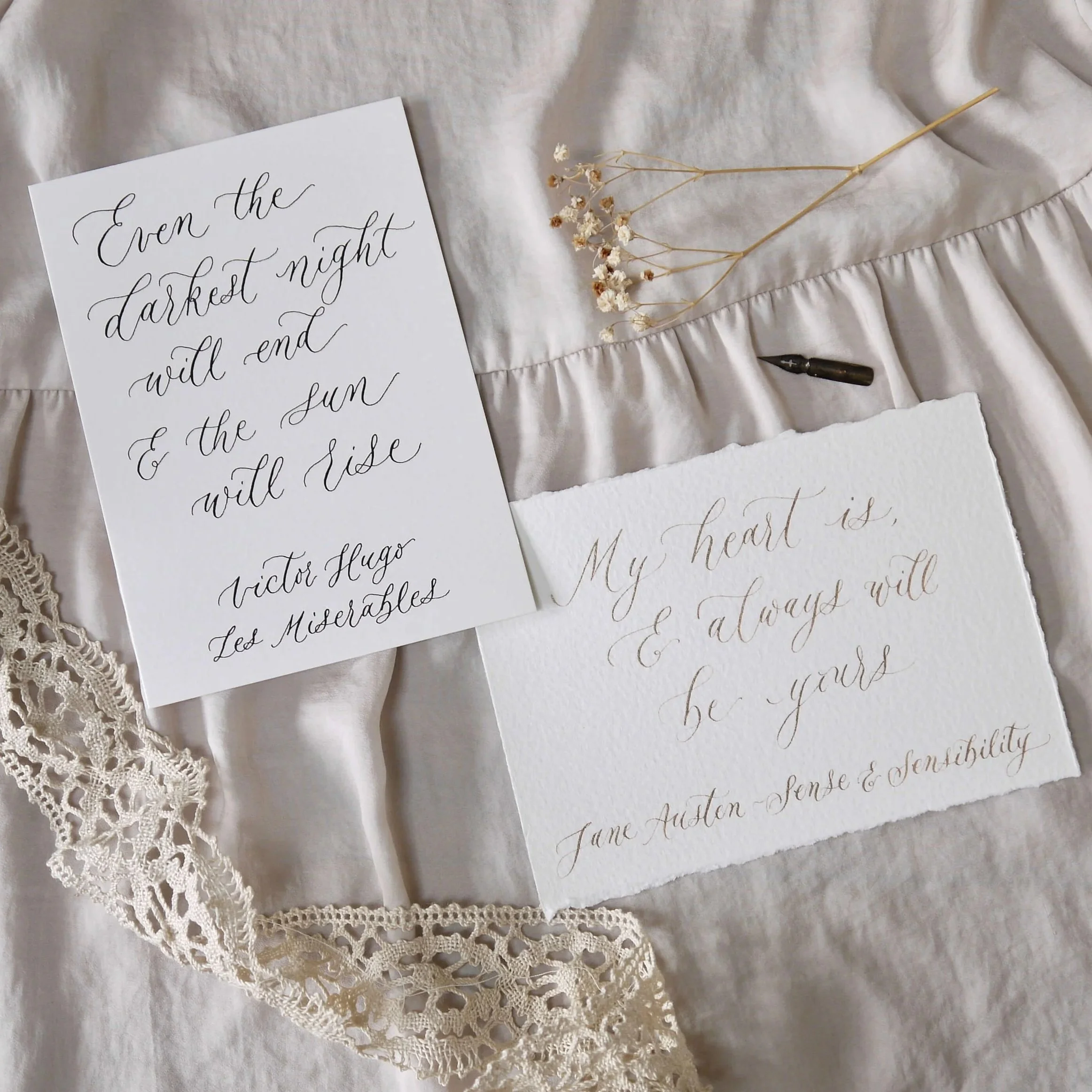 Dip pen calligraphy quote with metallic ink detail