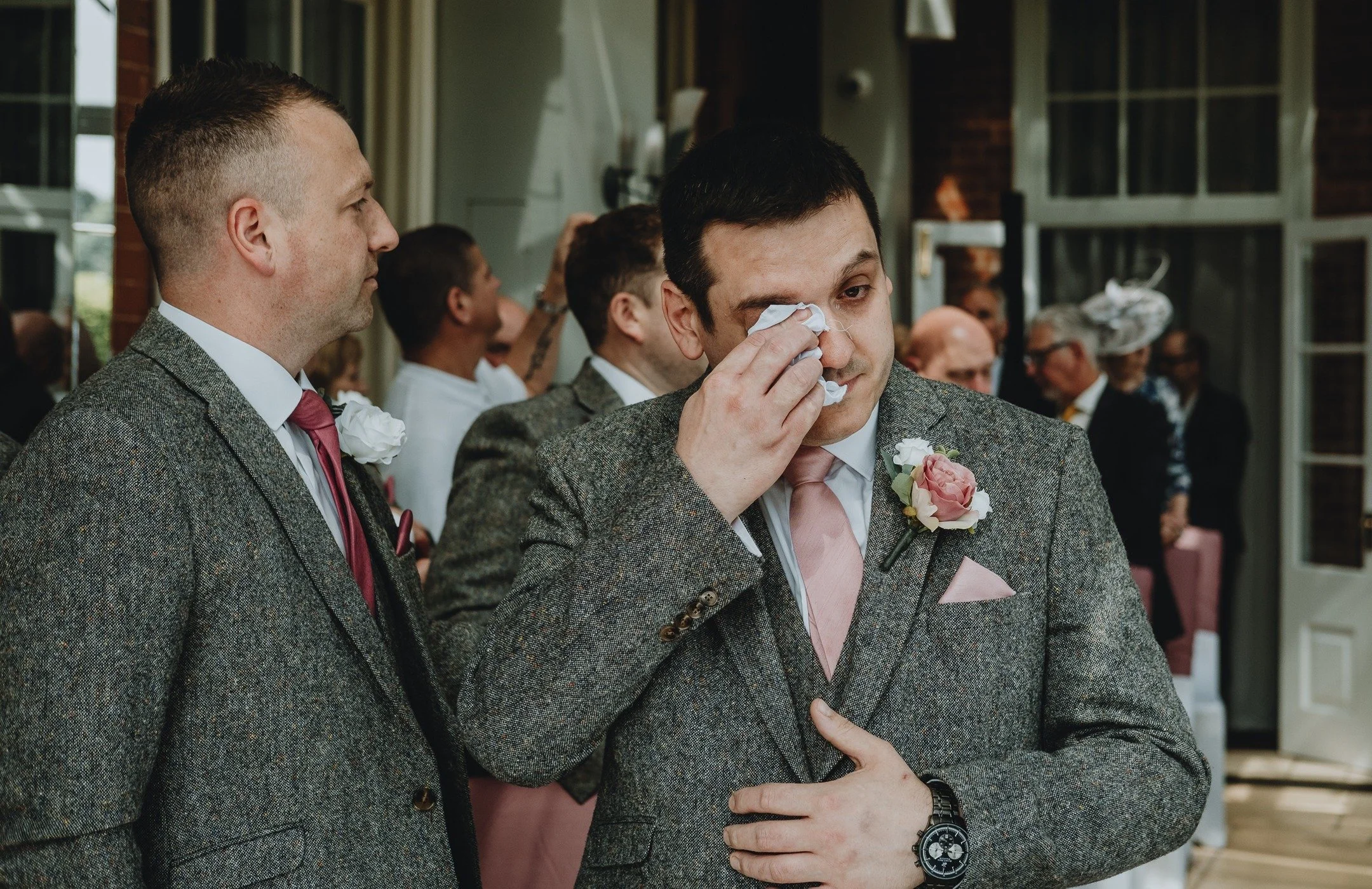There are moments in a wedding day that don&rsquo;t need any direction at all. Matt seeing Rachel walk down the aisle at Dovecliff Hall was one of them. A quiet, emotional pause in a beautifully light-filled Orangery, surrounded by the people who mat