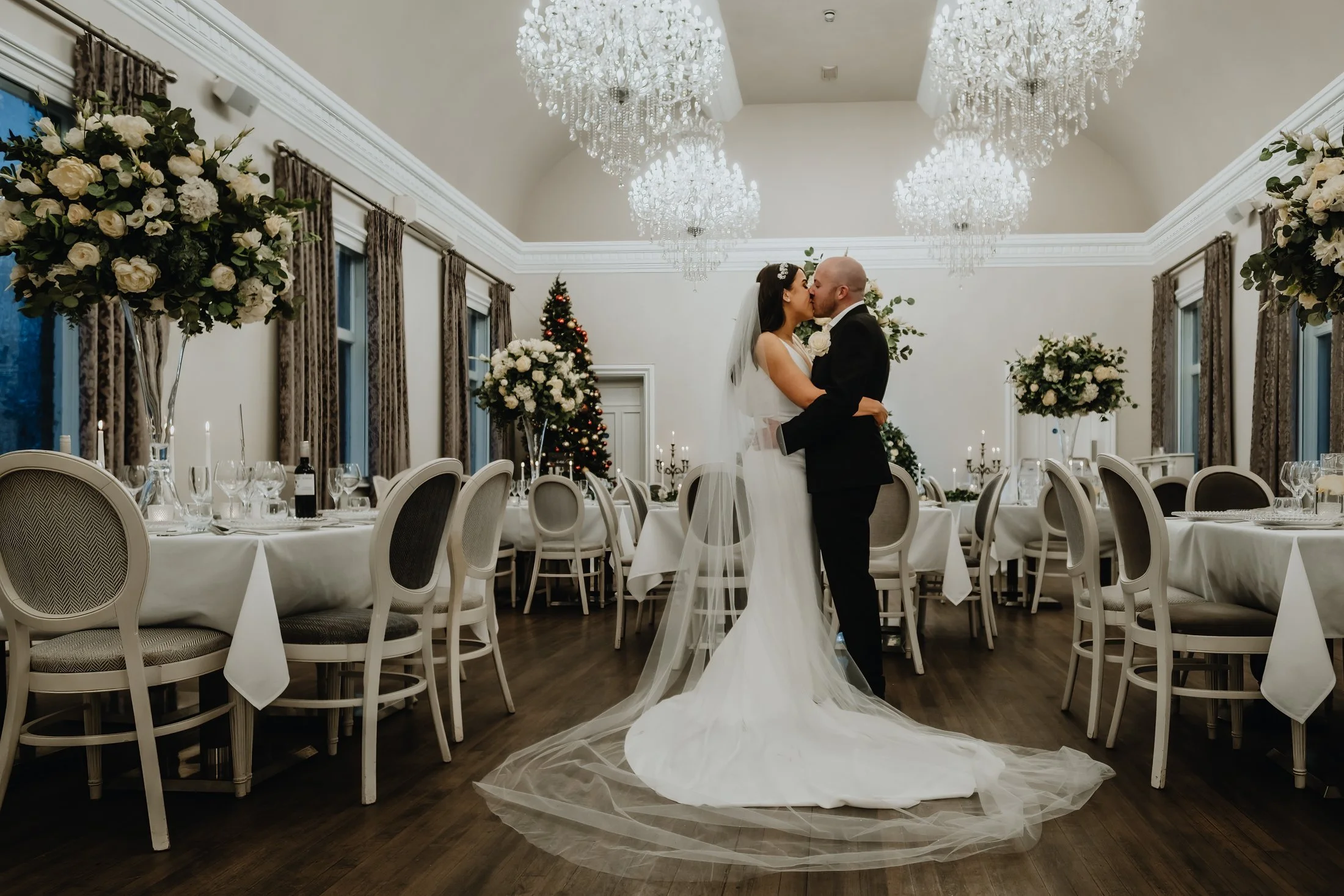 Bride and groom portrait in the ballroom at Amalfi White in Melbourne Derbyshire