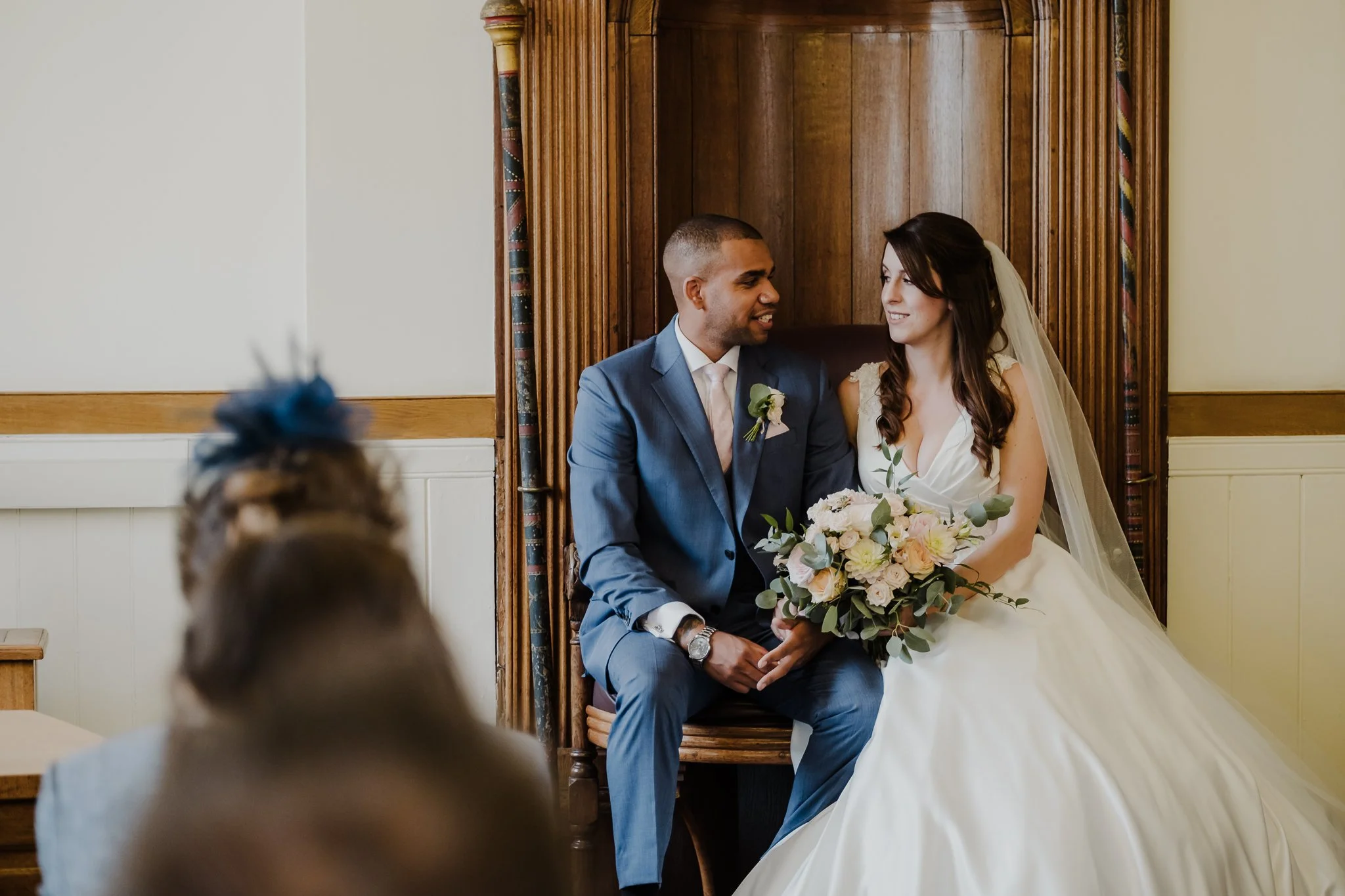 bride and groom at the Town Hall in Bedford