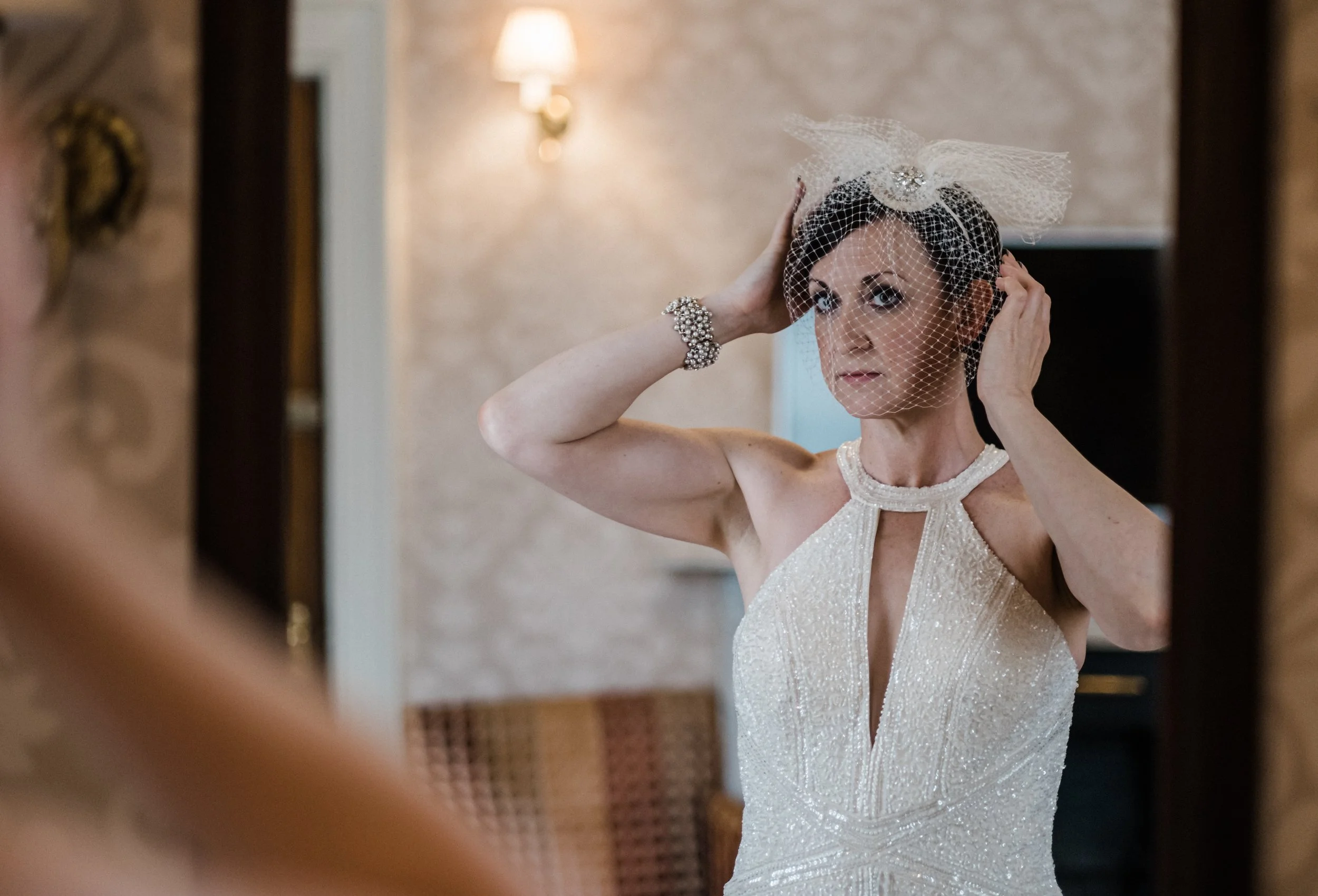 Vintage style wedding portrait with classic bridal fashion