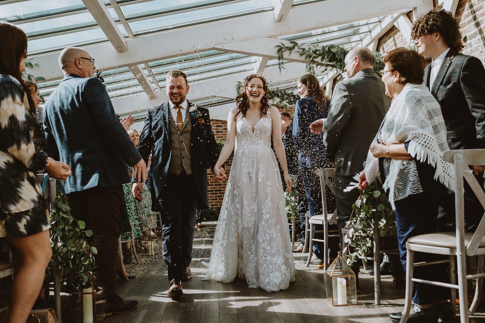 Confetti throw indoors at Foxtail Barns Staffordshire