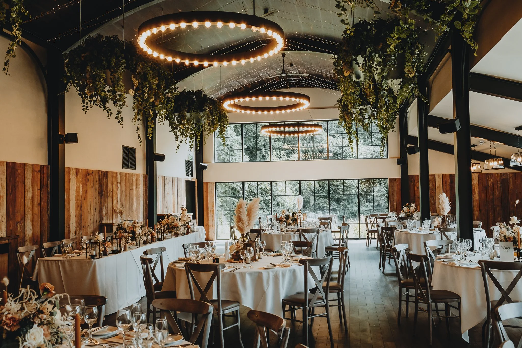The wedding breakfast room at Foxtail Barns in Consall