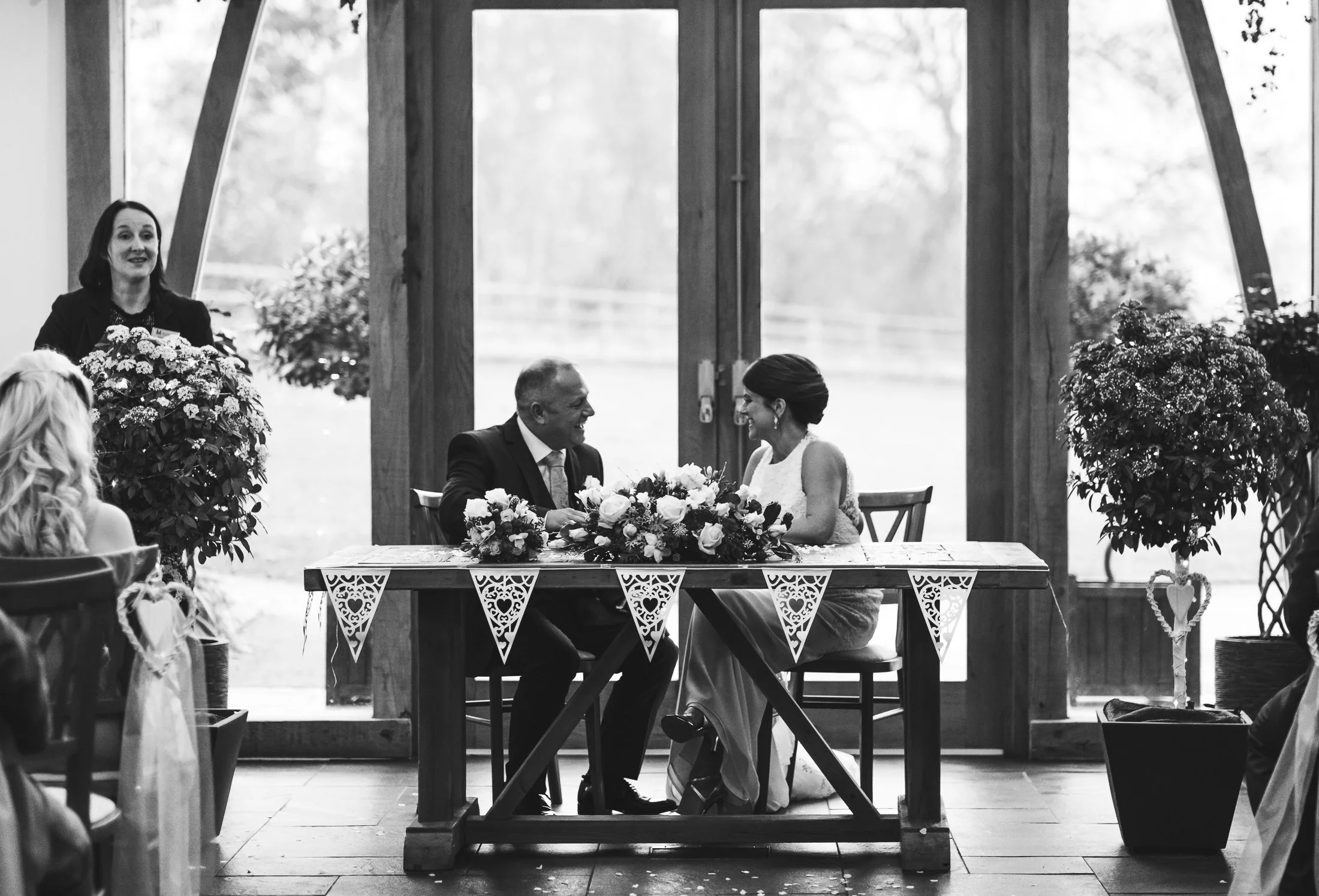 The bride and groom at Mythe Barn just after signing the register