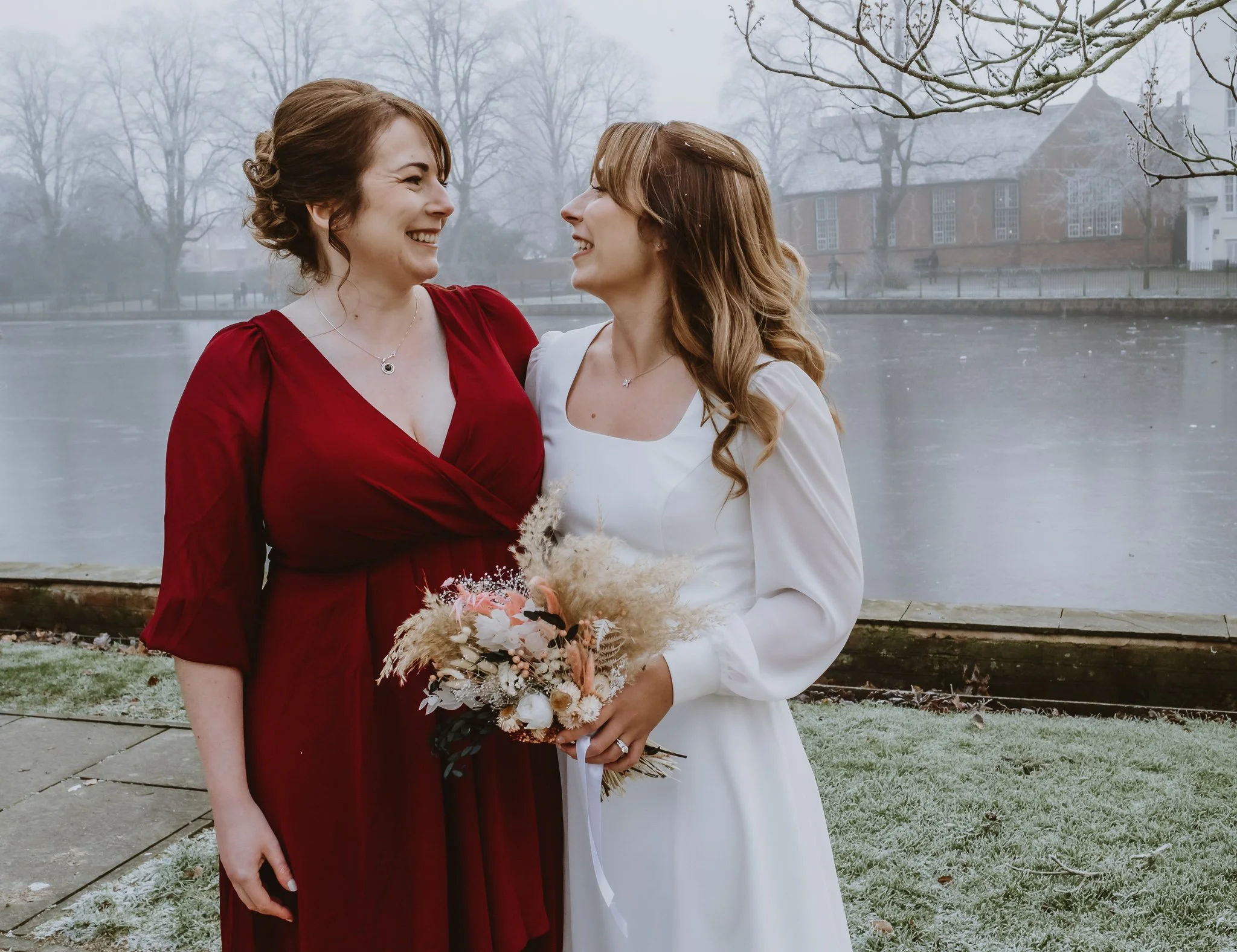 bride and her sister at the remembrance gardens in Lichfield