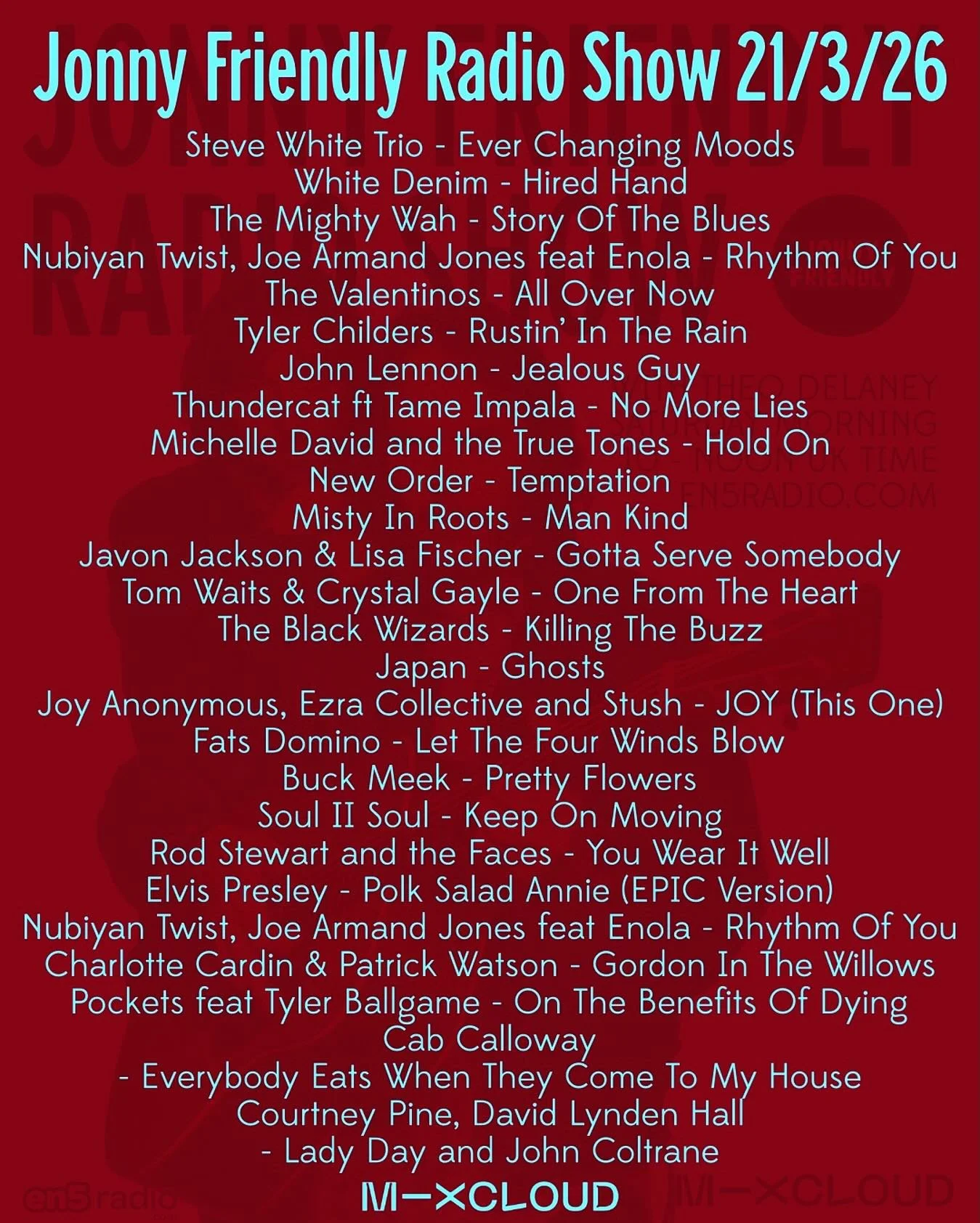 Today&rsquo;s music on the JFRS - it&rsquo;s on Mixcloud 🙏🏻🎶✌🏻❤️