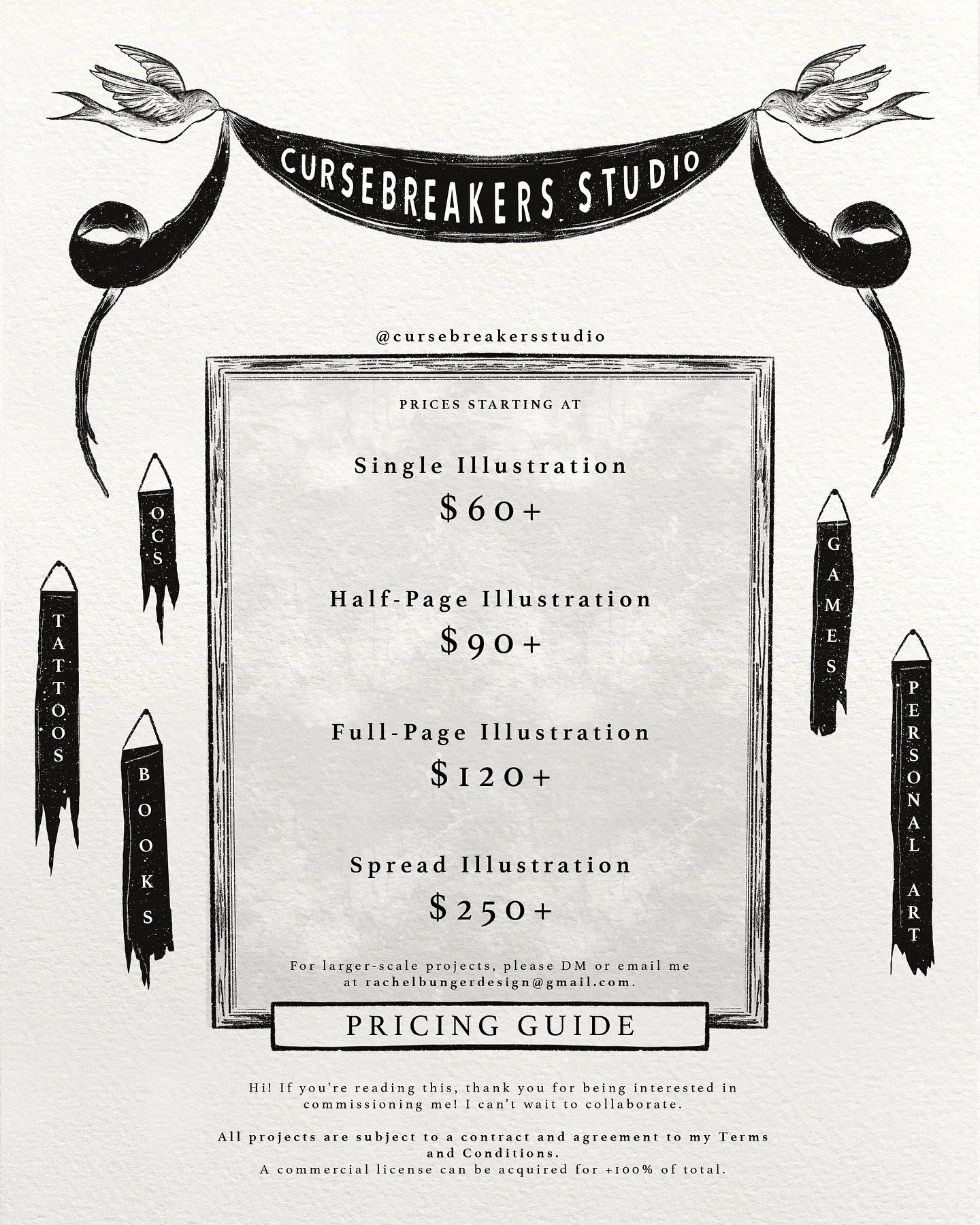 pricing guide ☁️✨

hi guys! i&rsquo;ve been getting a lot of questions about my rates so here they are! feel free to reach out if you have any questions. i can&rsquo;t wait to create something together!

#cursebreakersstudio #artist #artistsofinstagr