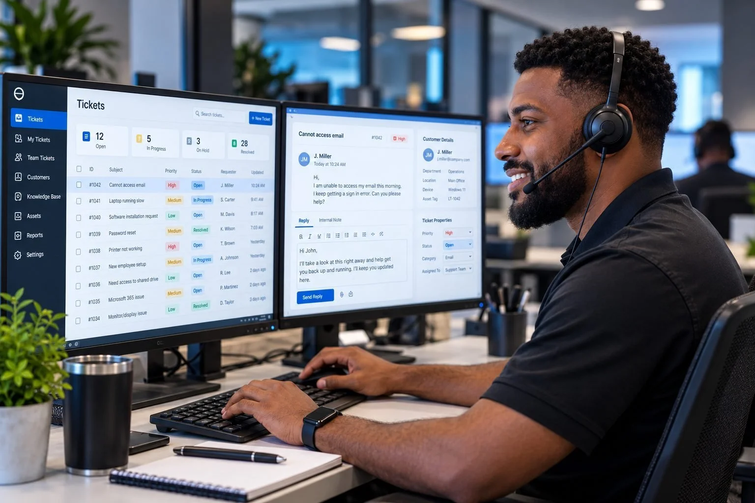 Help desk technician with a headset working a support ticket