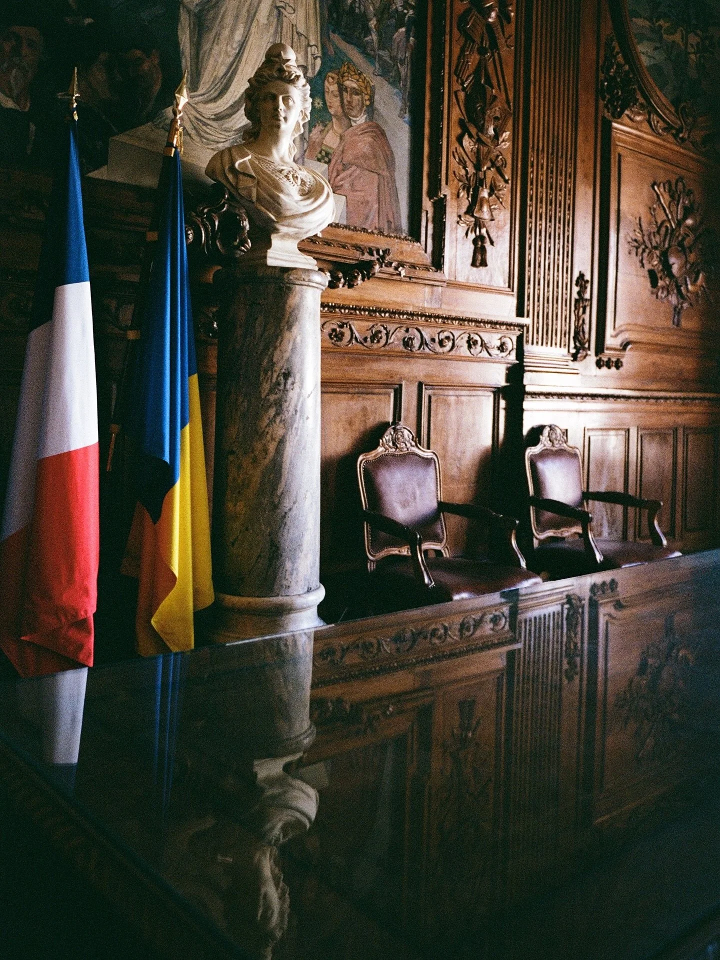&Agrave; Arles, la salle des mariages de l&rsquo;H&ocirc;tel de Ville d&eacute;ploie ses boiseries du XVIIIᵉ si&egrave;cle, sublim&eacute;es par les peintures r&eacute;alis&eacute;es en 1920 par Jean-Roch Isnard. 
#analog @villearles