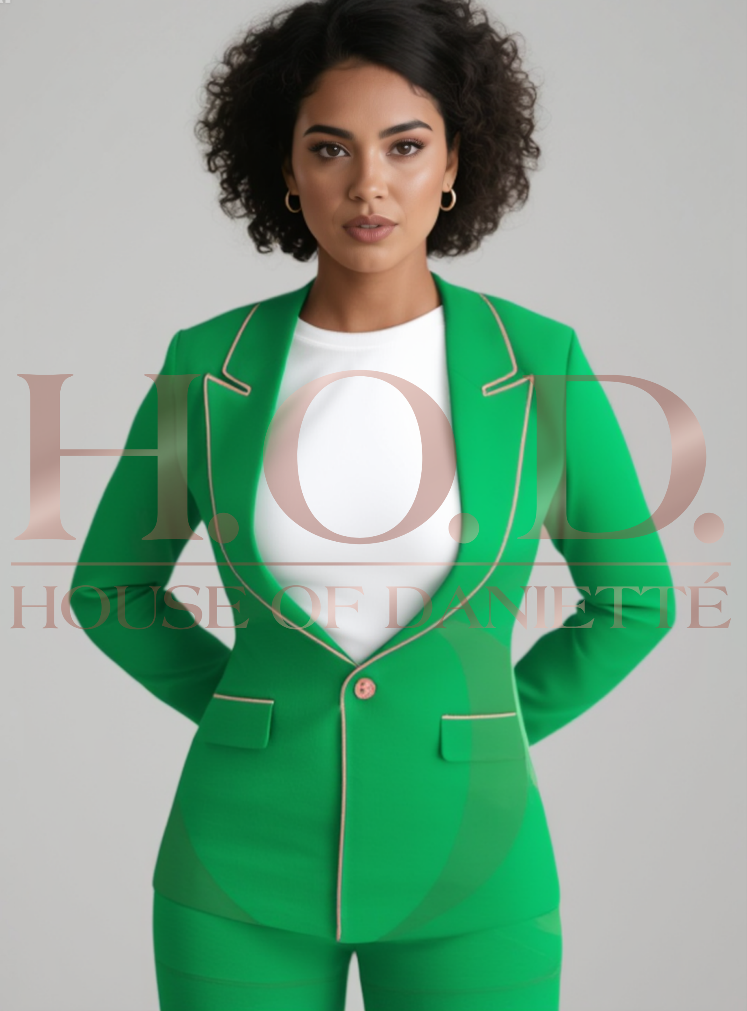 Elegant pink and green women’s tailored pantsuit designed by House of DANIETTÉ featuring a structured blazer with pink piping details and slim-fit trousers against a black background.
