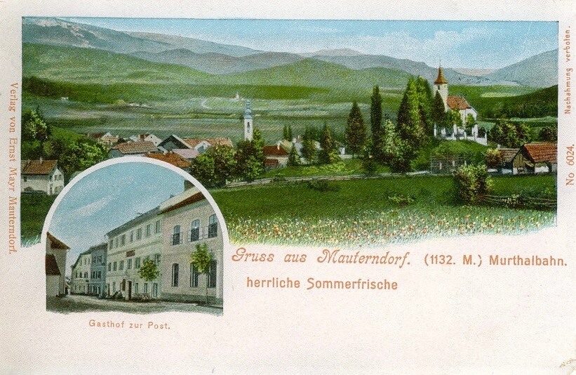 Kolorierte Ansichtskarte vom Wolfgangkircherl und 'Postmayr' (ca. 1920)