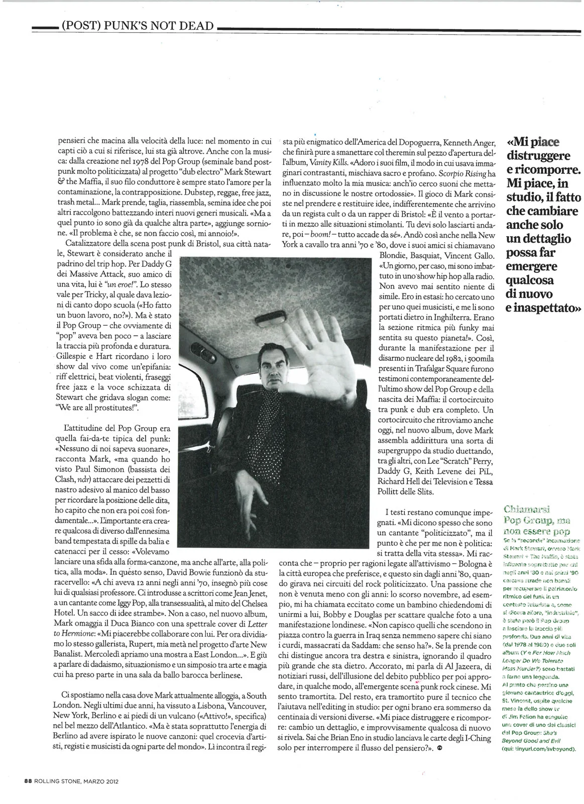 Rolling Stone magazine: Mark Stewart interview & photo