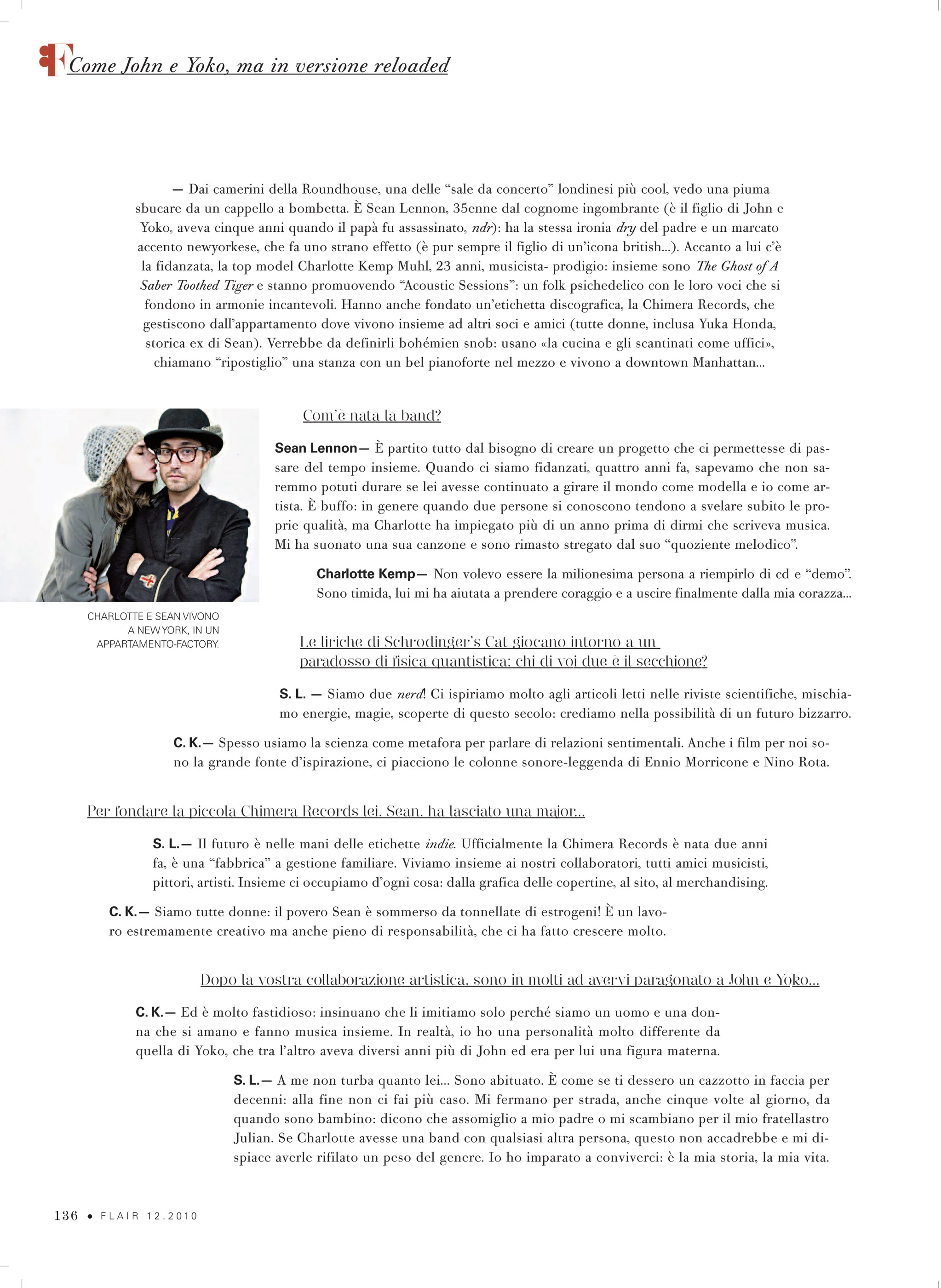 Flair magazine: Sean Lennon & Charlotte Kemp Muhl photo & interview