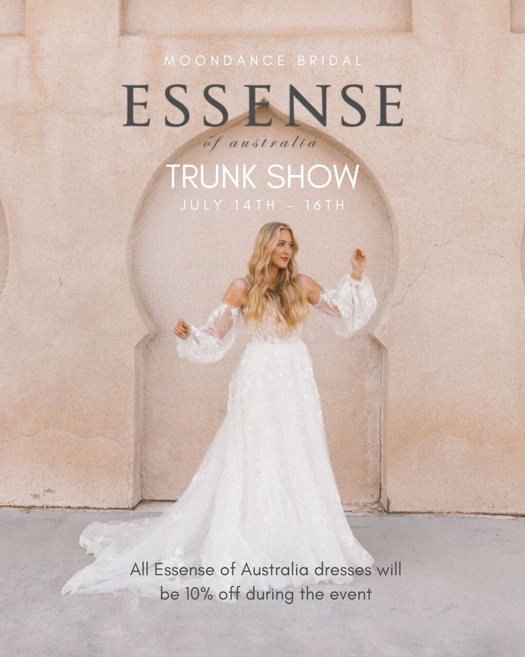 Join us for our @essenseofaustralia Trunk Show next weekend!⁠
⁠
The details: ⁠
When - July 14th - July 16th⁠
What - 10% off retail price Essense Gowns, and heavily discounted samples⁠
Where - Moondance Bridal, 1880 Santa Barbara Ave, Suite 130, San L