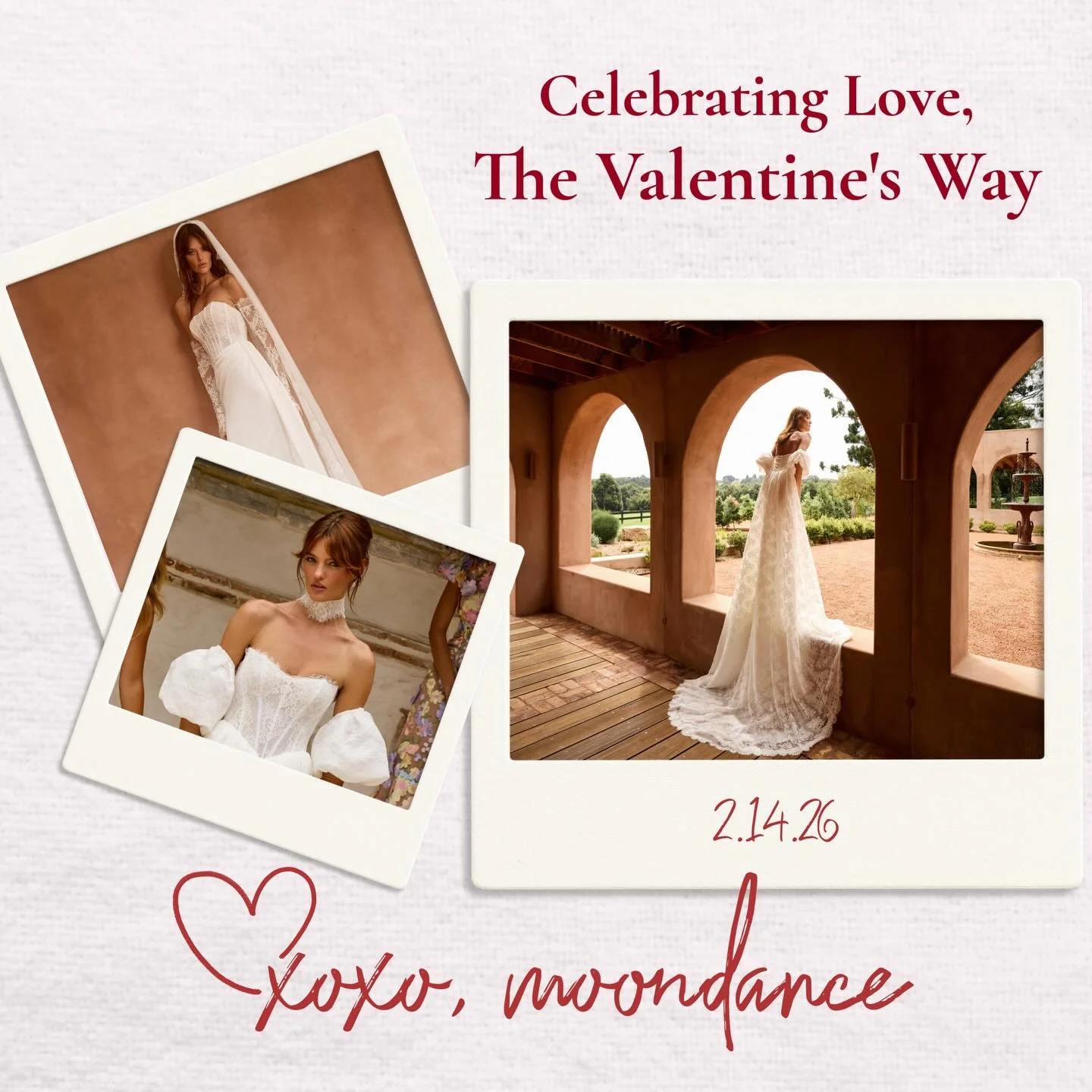 ❤️ Love is in the air ❤️
Join us this February 14th for a day of love at Moondance Bridal. Spend the day with us trying on gowns while enjoying sweet treats and bubbles flowing 🥂
Book your appointment now and spend a day surrounded by love, lace, an