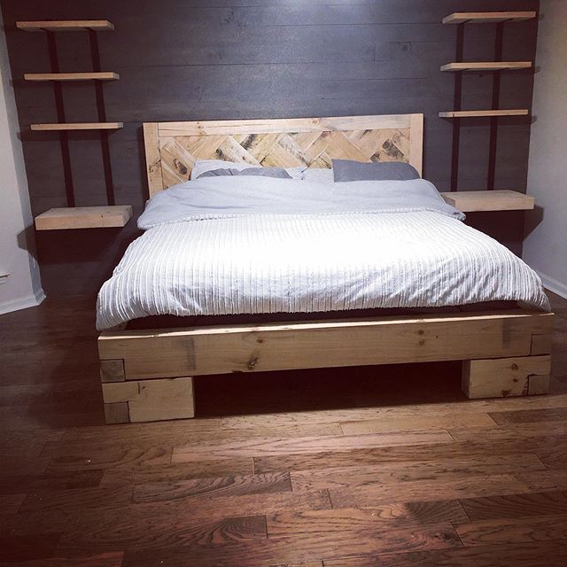 Heavy timber bed, plank wall, and shelving system for a master bed room. We wanted the rustic look and chose rough sawn beams and black steel for the shelving supports. Let us know what you think! .
.
.
.
#custom #design #carpentry #building #wood #w