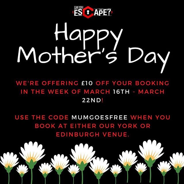 Mums are wonderful. They're great in a crisis, amazing problem solvers and are all round brilliant. Your mum should definitely be on your escape room team. 🦸&zwj;♀️ For all of next week, we're offering &pound;10 off bookings. Just use the code MUMGO