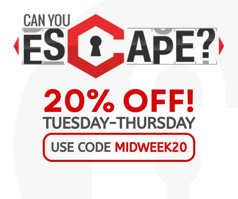 MIDWEEK MADNESS HAS ARRIVED!
Why wait for the weekend?
Shake up your week with a midweek escape challenge!

Team up, beat the clock and ave 20% with code MIDWEEK 20 on any booking Tuesdayy to Thursday!

Perfect for friends, couples, families, or spon
