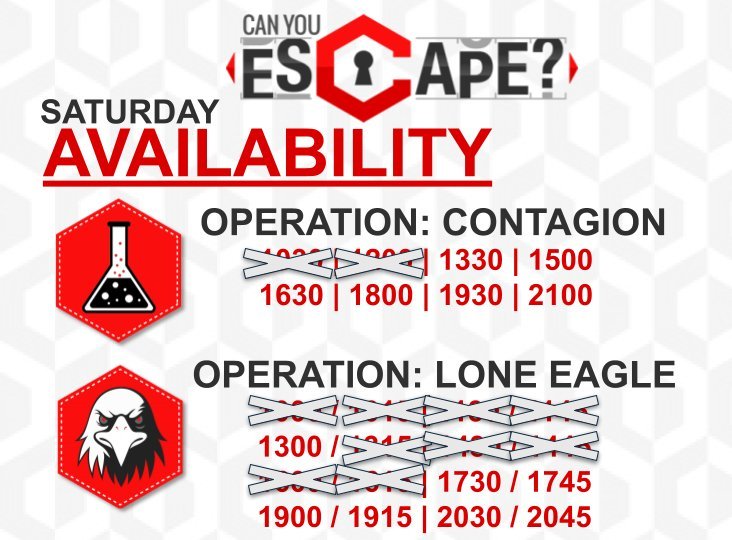 WEEKEND AVAILABILITY &ndash; ESCAPE WHILE YOU CAN!
Still looking for something fun to do this weekend?
We&rsquo;ve got room for YOU and your team to take on the challenge!

60 minutes of puzzles, codes, and adrenaline
Free team photo with every booki