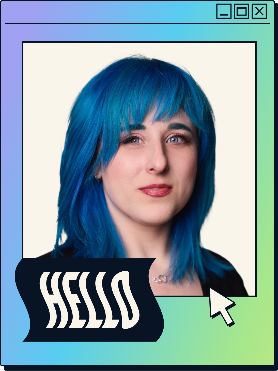 A headshot of Anna: a pale woman with bright blue hair, blue eyes, and a small smile
