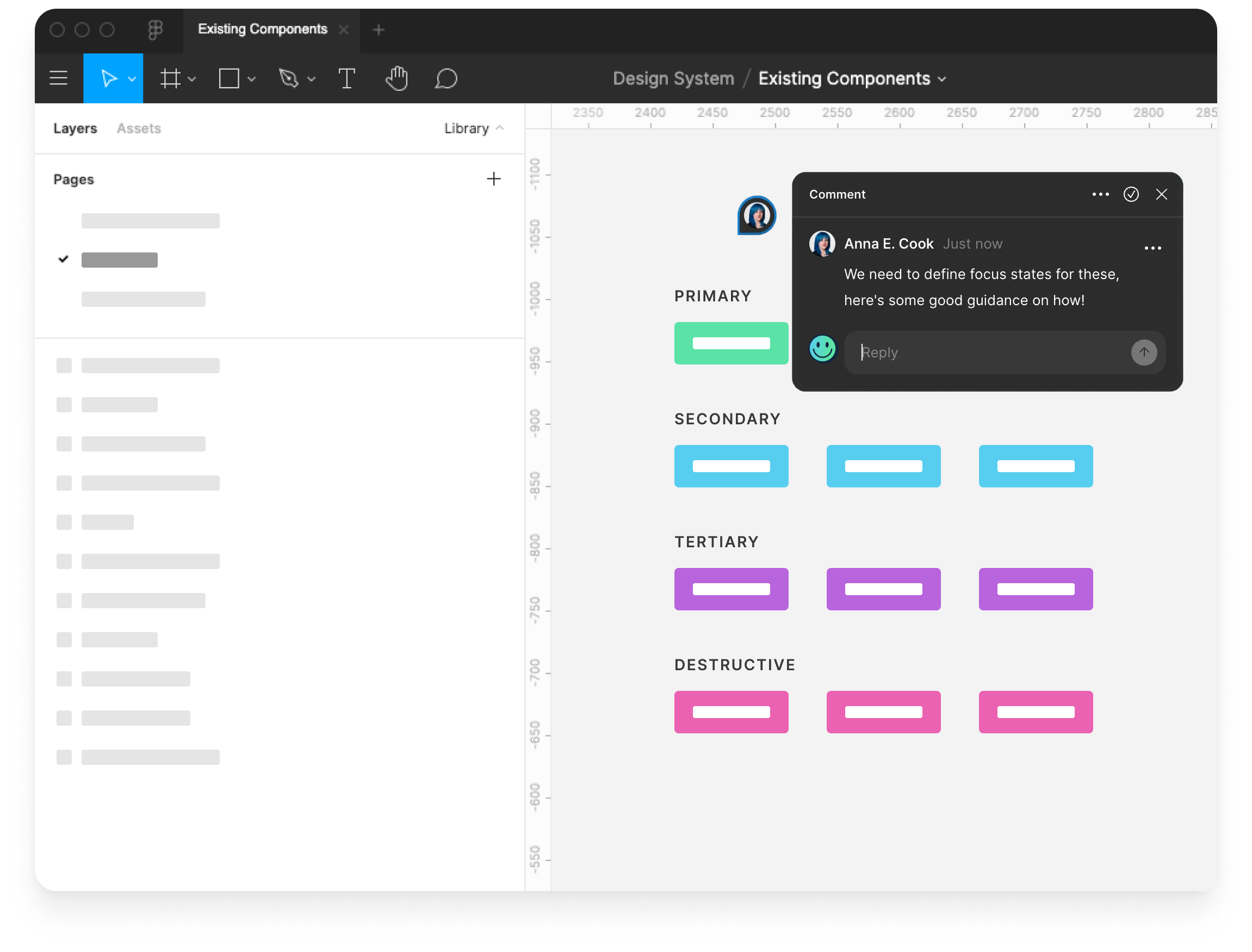 A set of buttons in Figma labelled "primary, secondary, tertiary, destructive. Anna has left a comment in the file reading We need to define focus states for these, here's some good guidance on how!