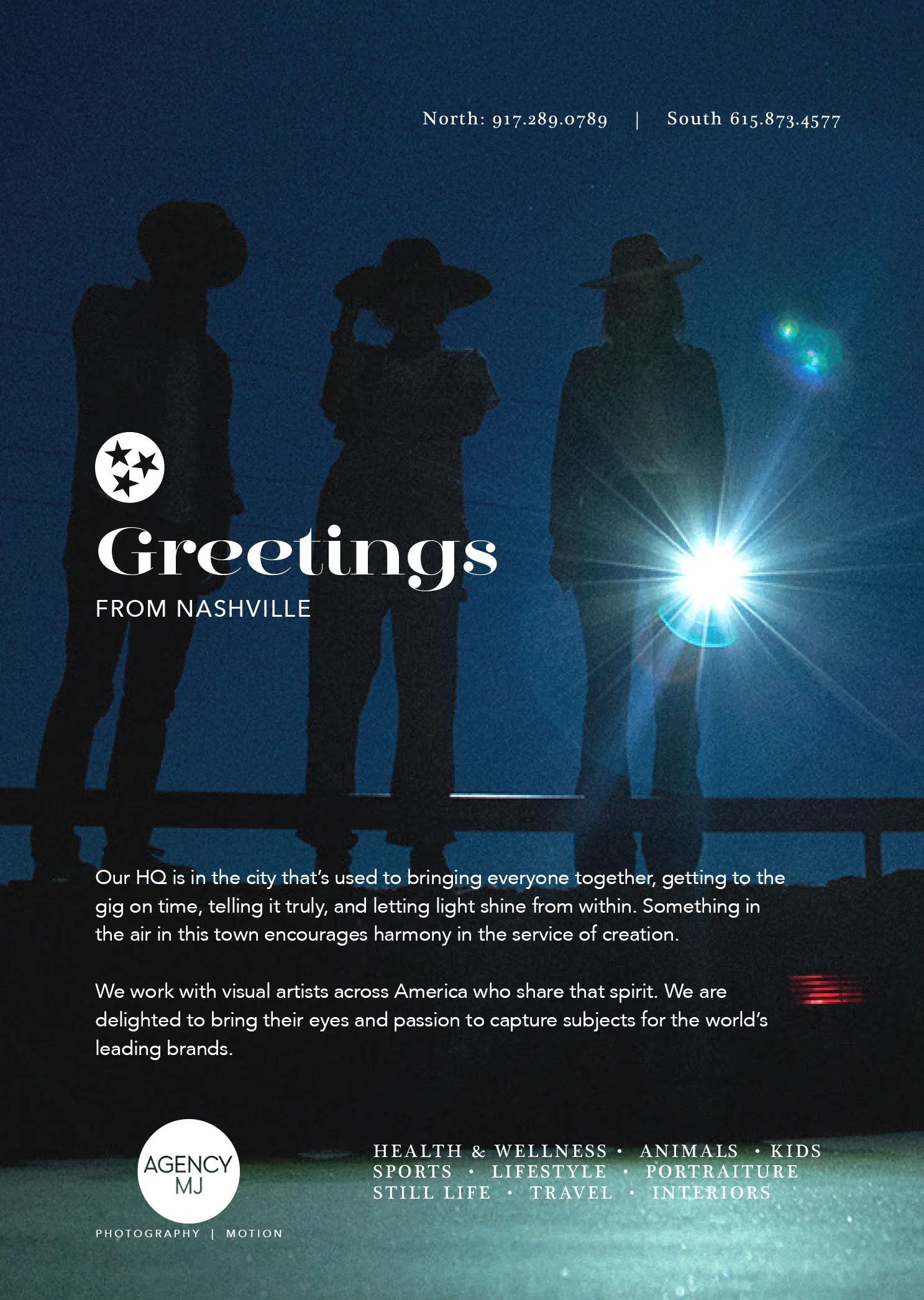Greetings from Nashville. Our HQ is in the city that’s used to bringing everyone together, getting to the gig on time, telling it truly, and letting light shine from within. Something in the air in this town encourages harmony in the service of creation. We work with visual artists across America who share that spirit. We are delighted to bring their eyes and passion to capture subjects for the world’s leading brands.