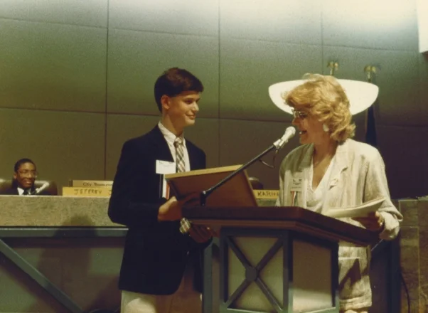 In middle school in 1987, I participated in a program where students “ran the city for a day.” In this photo, I received an award from Mayor Harley.