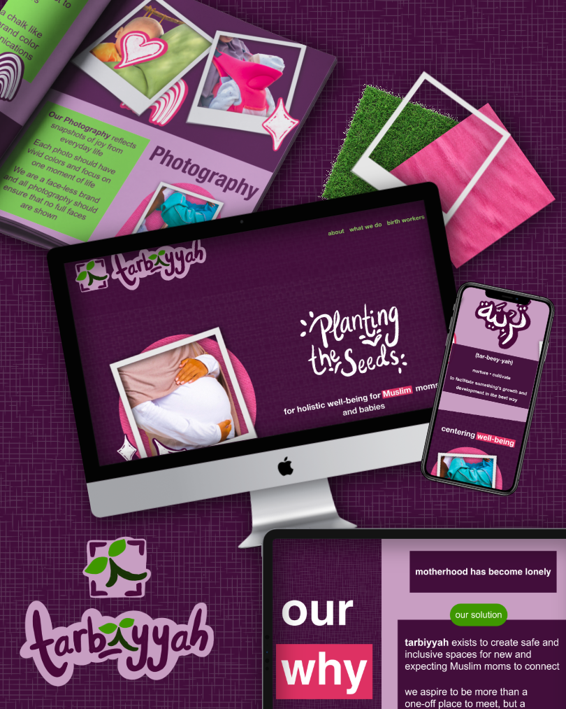 Digital marketing display for tarbiyyah, focusing on holistic well-being for Muslim mothers and babies. Includes a computer, tablet, and smartphone screens with colorful content, logos, and printed materials on planting seeds for community building.