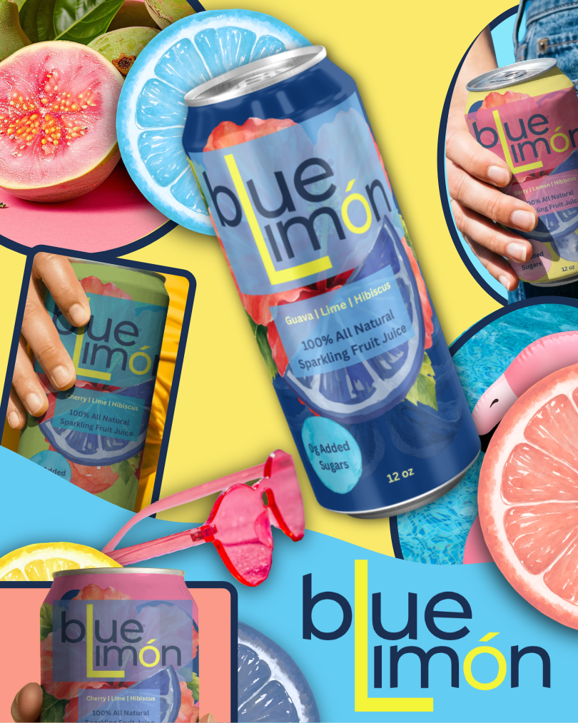 A can of Blue Lemon sparkling fruit juice with images of cherries, limes, and hibiscus, surrounded by fresh fruits including pink grapefruit, lemon, watermelon, and guava, with playful sunglasses and branding elements.