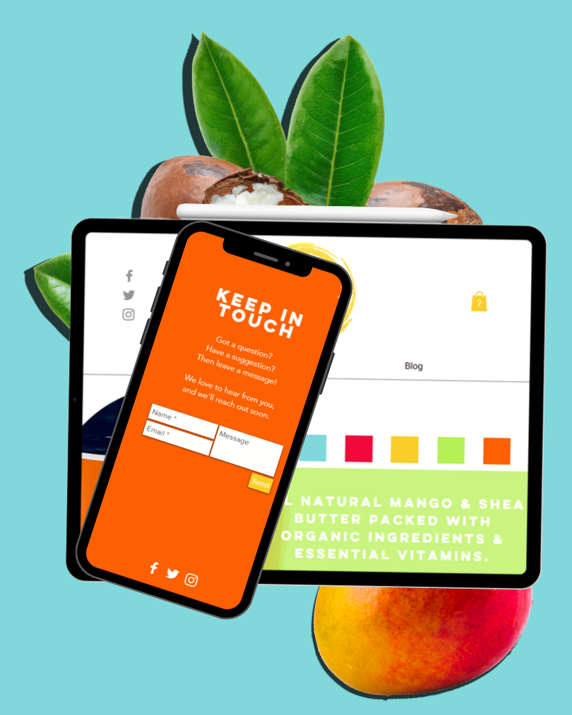 An assortment of digital devices displaying a website and contact form, with tropical leaves, a mango, and a mango seed in the background.