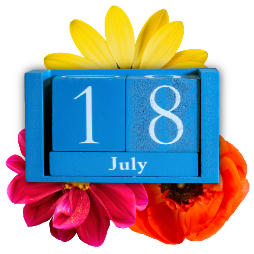 Blue calendar block displaying July 18, surrounded by colorful flowers including yellow, pink, and orange.