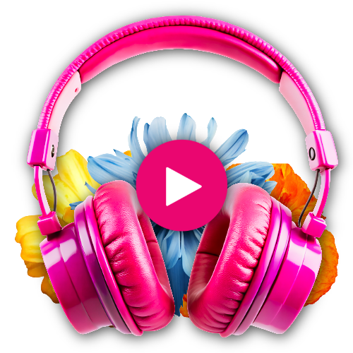 Pink headphones with blue, yellow, and orange flowers behind them, and a pink play button in the center.